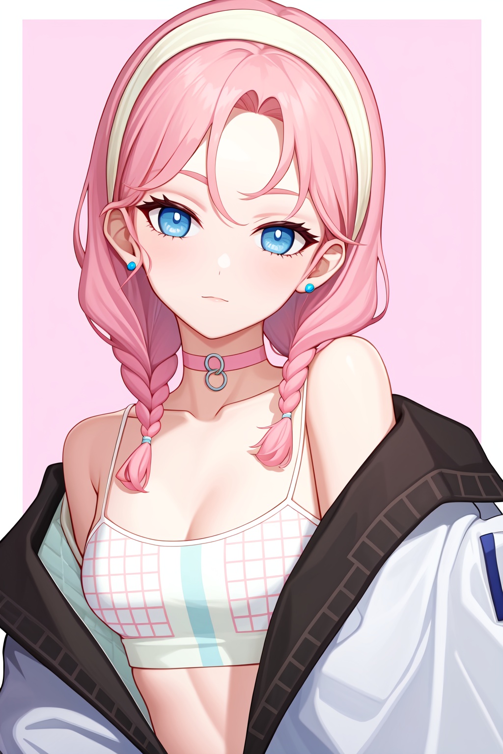 <lora:蓝毒-000008:1>,a girl named arklandu,arklandu,1girl,long sleeves,open jacket,twin braids,official alternate costume,off shoulder,pink choker,spaghetti strap,, (masterpiece,best quality,high quality:1.4),absurdres,