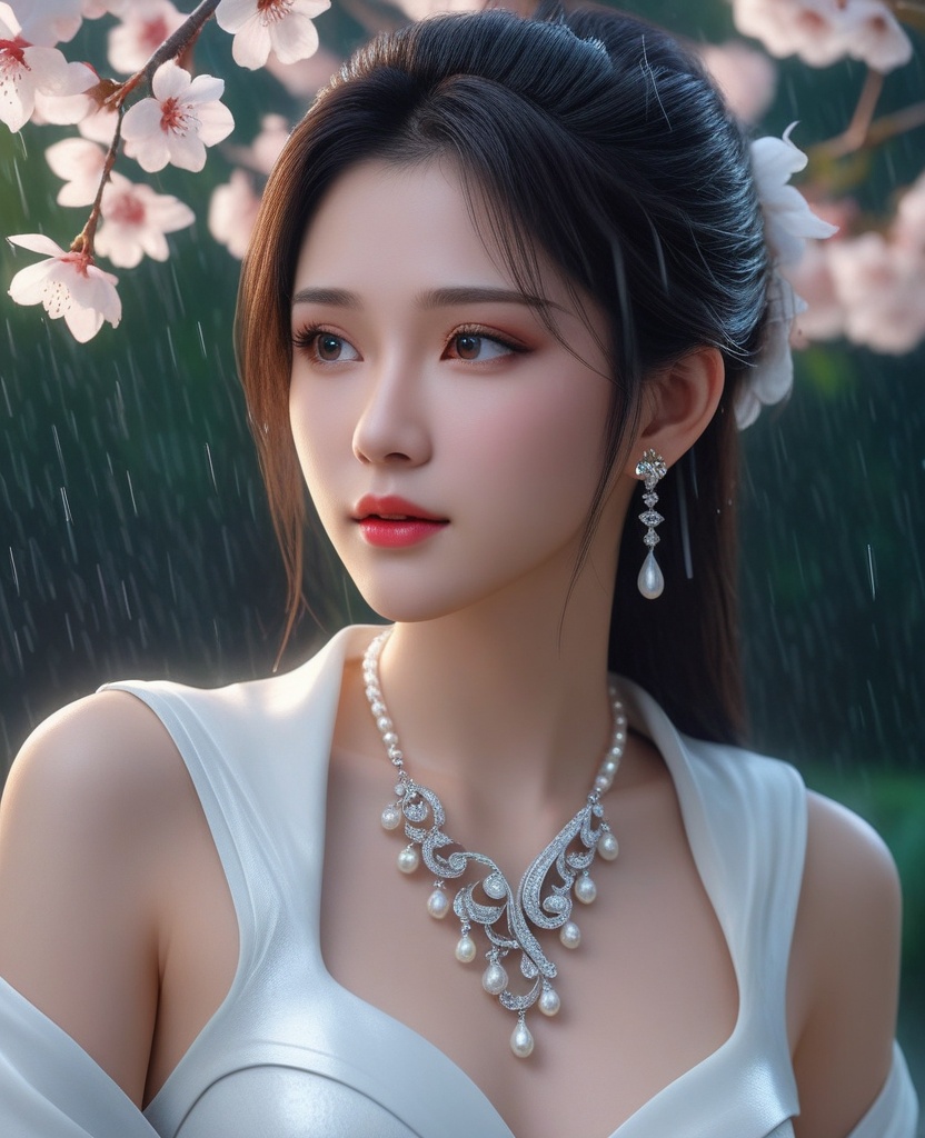 <lora:577-DA-XL-斗破苍穹-云韵-黑服:0.8>(,1girl, ,best quality, ),looking at viewer,  ,,ultra detailed 8k cg, ultra detailed background ,ultra realistic 8k cg,          cinematic lighting, cinematic bloom, (( , )),,  , unreal, science fiction,  luxury, jewelry, diamond, pearl, gem, sapphire, ruby, emerald, intricate detail, delicate pattern, charming, alluring, seductive, erotic, enchanting, hair ornament, necklace, earrings, bracelet, armlet,halo,masterpiece, (( , )),, realistic,science fiction,mole,   ,cherry blossoms,,(((Best quality, masterpiece, ultra high res, (photorealistic:1.4), raw photo, 1girl, ,rain, , sunlight, sunset, qianqiu wanxia,     )))  (cleavage), (),