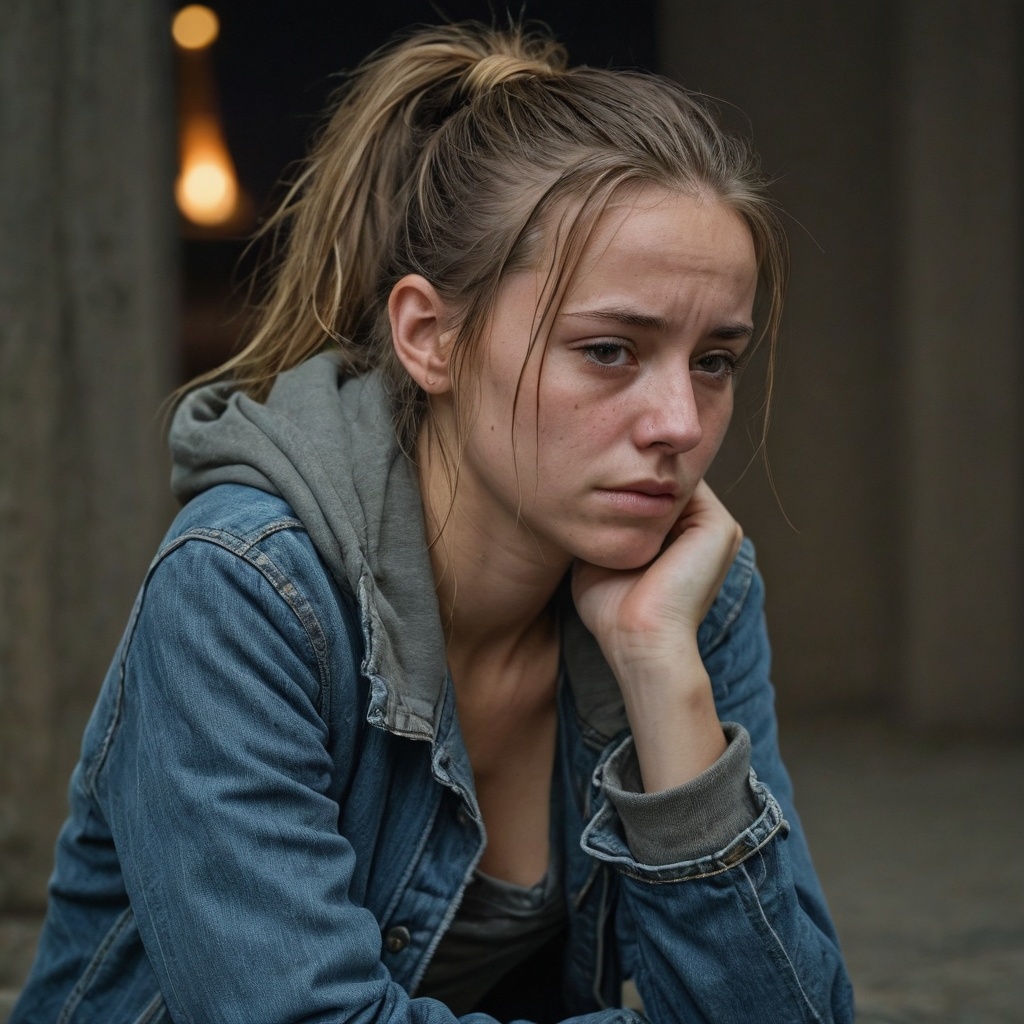 hyperdetailed photography of a weeping thin homeless 22 year old girl, highly detailed face, ponytail, jacket, jeans, BREAK sitting in the ruins of a futuristic city, at night, lighted by fire, BREAK shot on Canon EOS R10