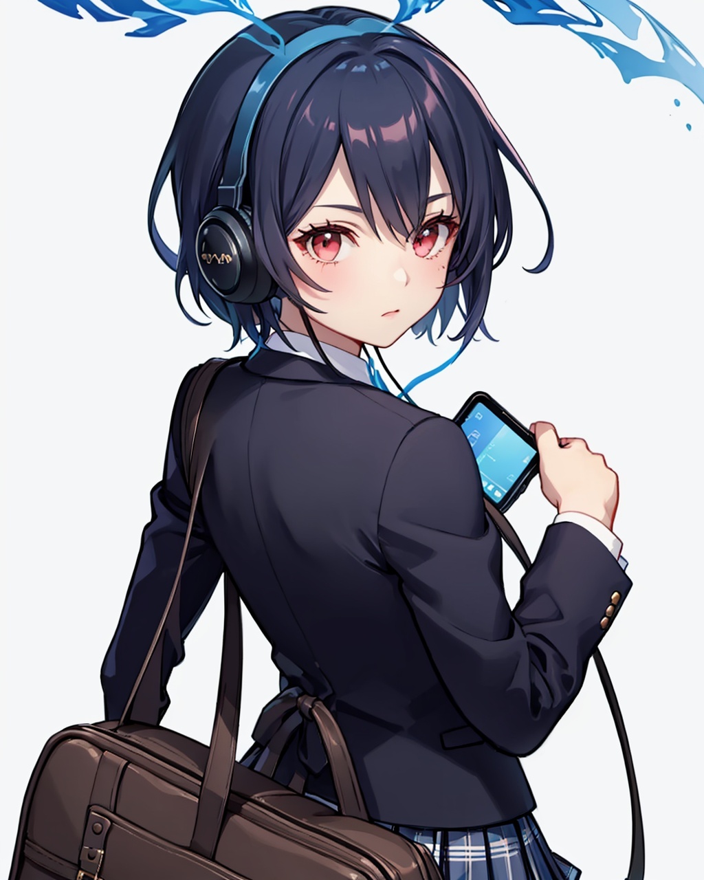 masterpiece,best quality, highly detailed, alice (sinoalice),1girl, solo, headphones, bag, looking at viewer, white background, school uniform, black thighhighs, plaid skirt, simple background, closed mouth, looking back, black jacket, blazer, zettai ryouiki, pleated skirt, long sleeves,<lora:alice_(sinoalice):1>