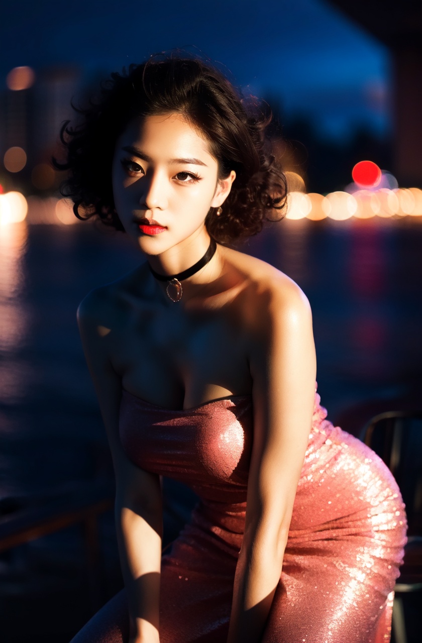 masterpiece,best quality,absurdres,solo,1girl,black hair,night,realistic,city lights,medium hair,bare shoulders,upper body,facing viewer,looking at viewer,brown eyes,expressionless,floating hair,korean face,bokeh,depth of field,curly hair,red lips,makeup,closed mouth,outdoors,strapless,shiny dress,black choker,dark,backlighting,medium breasts,neon lights,pantyhose,sitting,arm support,chair, 