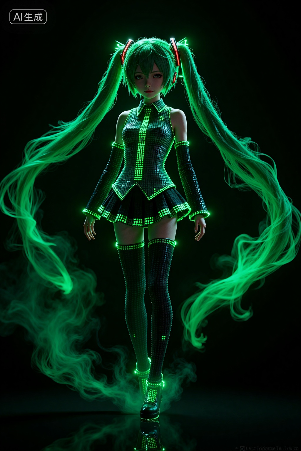 Digital CGI artwork of Hatsune Miku,a popular Vocaloid character,in a futuristic,cyberpunk style. She wears a glowing,black and green,pixelated outfit with a short skirt and thigh-high boots. Her long,twin-tails are adorned with neon green accents. The background is dark with swirling green smoke,enhancing the futuristic atmosphere.,, Negative prompt: ng_deepnegative_v1_75t,(badhandv4:1.2),EasyNegative,(worst quality:2),,nsfw, Steps: 20, Sampler: DPM++ 2M, CFG scale: 3.5, Seed: 2610104979, Size: 1024x1536, Model hash: 8cba4f1ef4, Model: F.1基础算法模型-哩布在线可运行_F.1-dev-fp8.safetensors, Denoising strength: 0, RNG: CPU, Lora 1: 20250924-1758728956383-0005, Lora Hash 1: ad89eec96e, Lora Weight 1: 0.8, vae_name: automatic