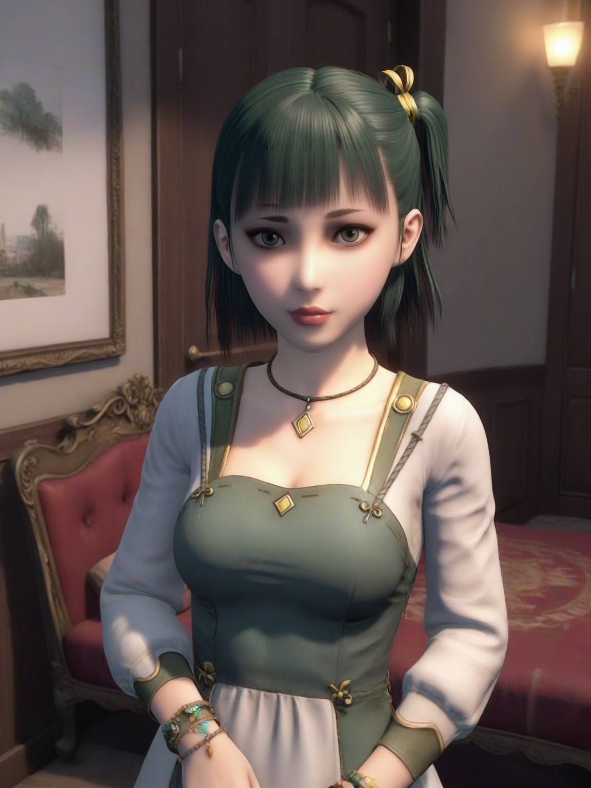 score_9,1girl,solo,dress,standing,bangs,short hair,necklace,one side up,medium breasts, bracelet,Side face,long sleeves, standing,lipstick,upper body, looking at viewer,<lora:SF_XiaoYa_Pony_Realism2.3-000004:0.7>,
