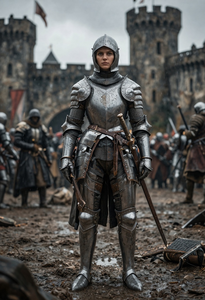 masterpiece,  female knight standing in a medieval castle courtyard after battle,  realistic armor on Tensor.Art