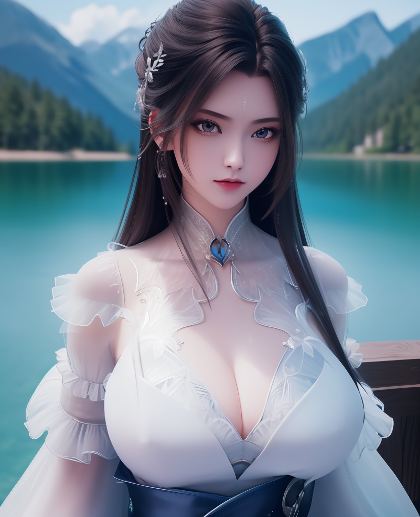 <lora:706-DA-诛仙-陆雪琪-新装束:0.8>(,1girl, ,best quality, ),looking at viewer,  ,ultra detailed 8k cg, ultra detailed background,  ,masterpiece, (( , )) , lake,upper body,   (cleavage), (),