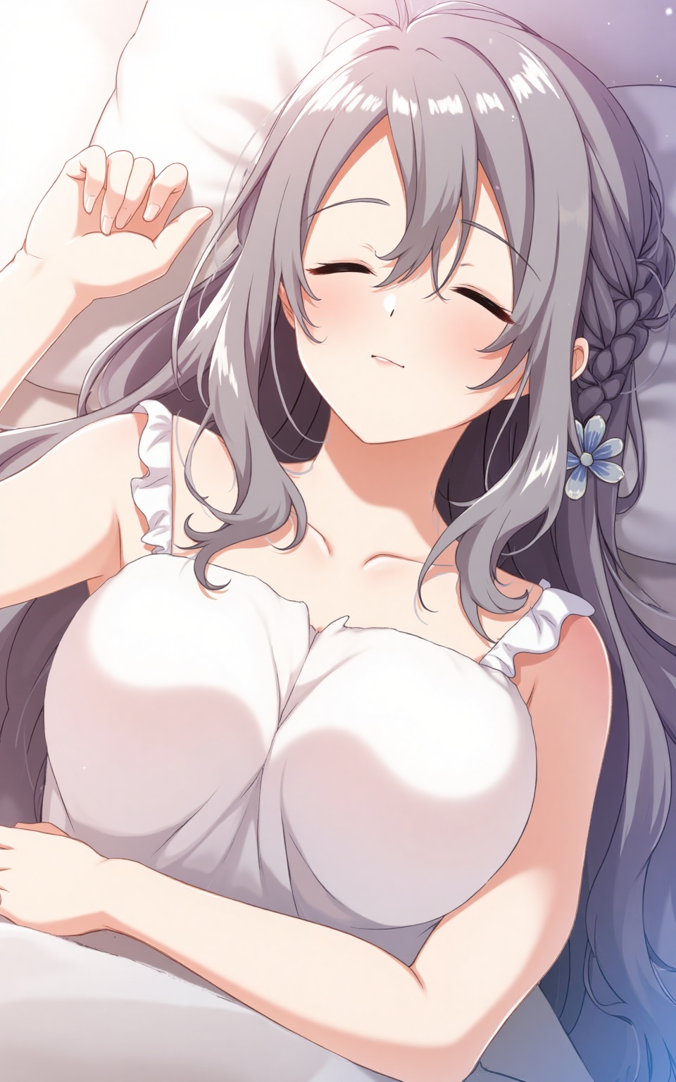 mio\(The end of summer\),mio\\\( The end of summer \\\),1girl,solo,closed eyes,breasts,sleeping,long hair,on back,lying,grey hair,pillow,hair ornament,collarbone,hair flower,hair between eyes,flower,large breasts,braid,parted lips,
