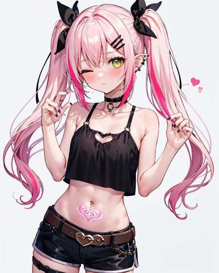 pubic tattoo, glowing tattoo, 1girl, long hair, green eyes, solo, shorts, navel,  twintails, tattoo, purple hair, navel piercing, one eye closed, blush, breasts, piercing, black shorts, multicolored hair, hairclip, hair ornament, choker, pink hair, simple background, black choker, crop top, midriff, thigh strap, nail polish, heart tattoo, o-ring choker, short shorts, sweat, ear piercing, sidelocks, small breasts, pink nails, streaked hair, heart, cowboy shot, grey background, closed mouth, bare shoulders, pointy ears, bangs, collarbone, bare arms, stomach, belt, o-ring, yellow nails, heavy breathing, multicolored nails, black **** top, breath, two-tone hair, leg tattoo, colored inner hair, very long hair,  <lora:GlowingPubicTattoo:1>,heart tattoo, 