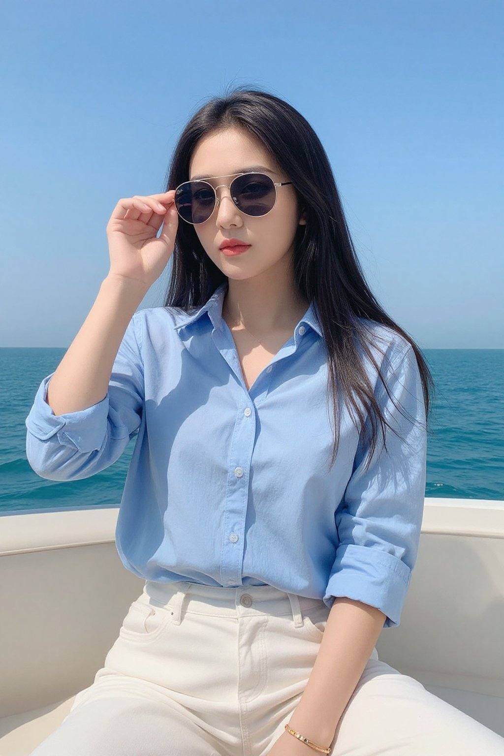 This is a photograph of a young Asian woman with long, straight black hair, wearing round aviator sunglasses, a light blue button-up shirt with rolled-up sleeves, and white pants. She sits on a boat with a clear blue sky and ocean in the background. She holds her sunglasses with her right hand, and a gold bracelet adorns her left wrist. The image exudes a casual, summery vibe with a focus on relaxed, chic fashion.
