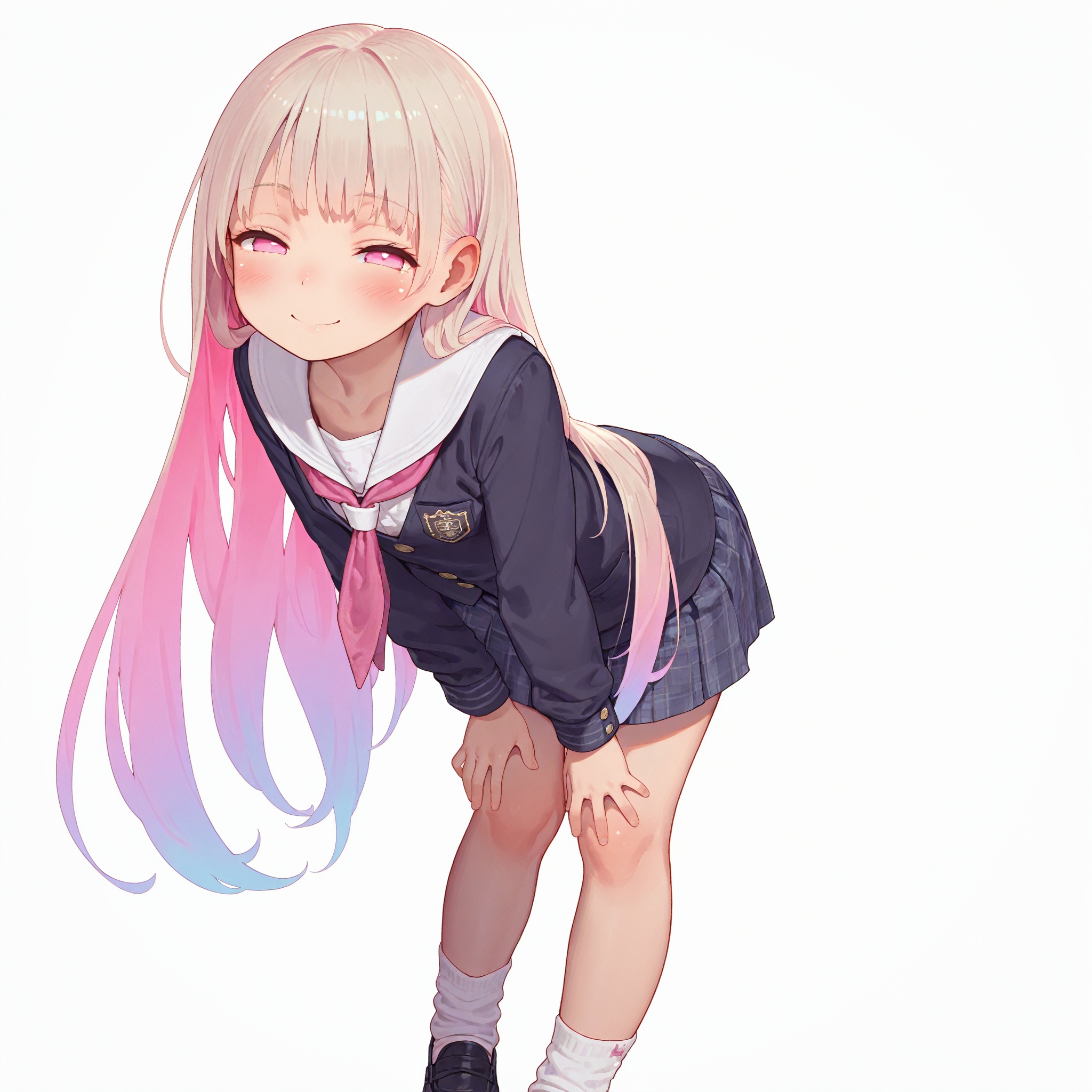 masterpiece,best quality,amazing quality,simple background,white background,1girl,solo,loli,(very long hair, colorful hair, ),pink eyes,(half-closed eyes, smile,  ),blush,school uniform,white socks,black footwear,looking at viewer,standing, leaning forward, <lora:MUK_style_v1:0.7>,
