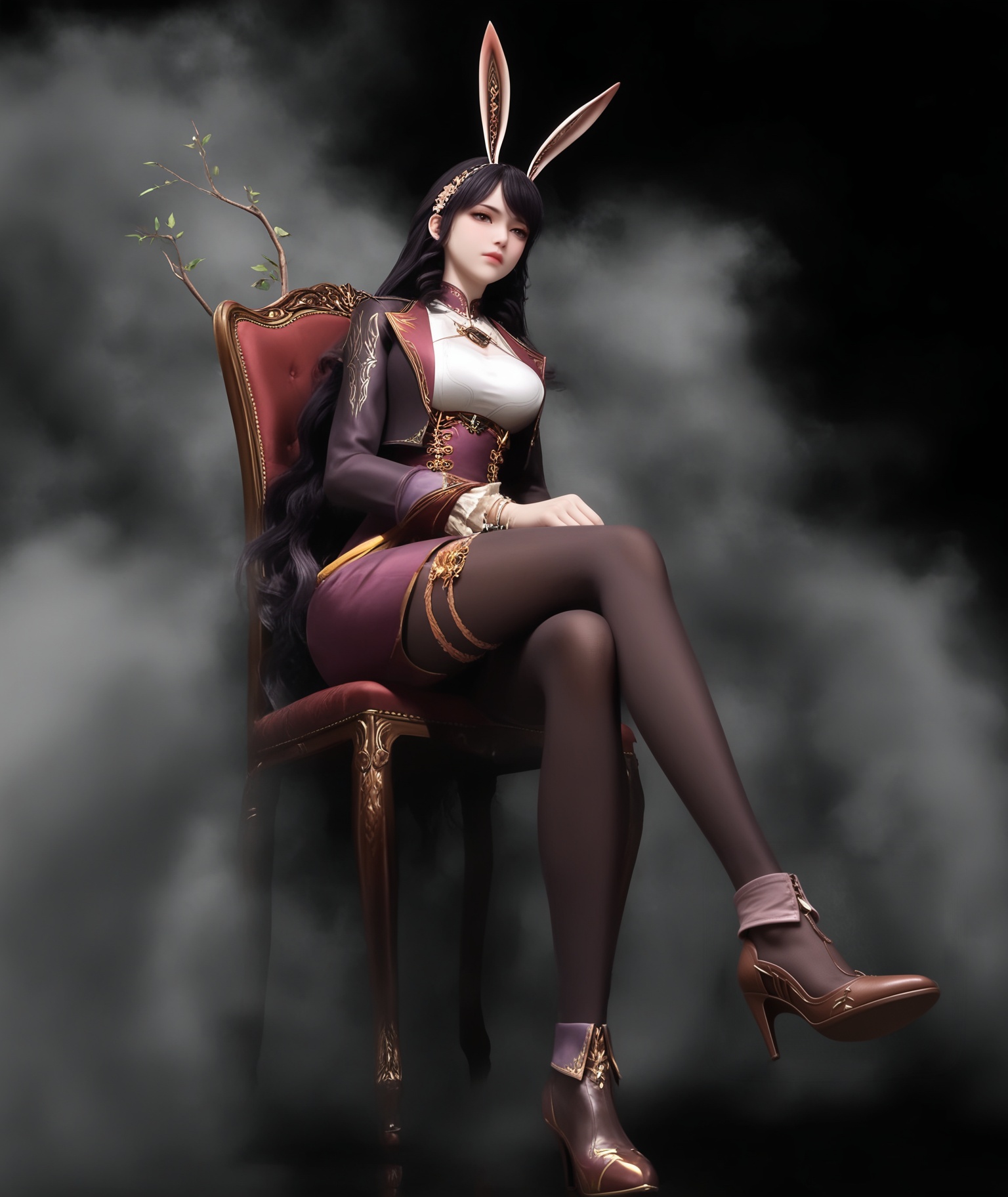 (score_9),masterpiece,best quality,absurdres,highres,BREAK(white_skin),(slender_waist:1.2),(glamor:1.2),wide hips,disdain,jitome,collarbone,<lora:江楠楠-ill:0.83>,1girl,solo,black hair,long hair,hair ornament,hair flower,brown eyes,jewelry,rabbit ears,fake animal ears,cropped jacket,dress,leg ribbon,(single_leggings),high heels,thigh strap,collarbone,(large breasts),puffy chest,large breasts,looking at viewer,front view,standing,sitting,chair,pov,from below,BREAKsimple background,black background,Tyndall effect,fog,branch,twig,