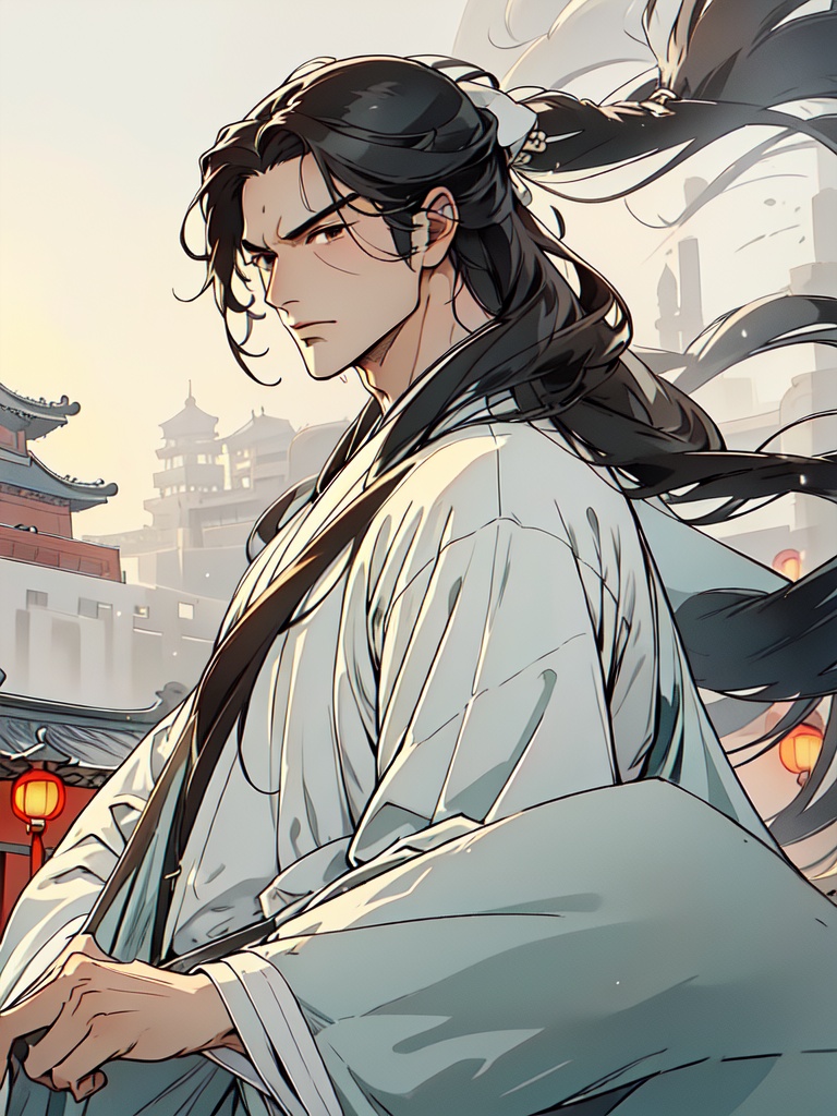 breathtaking A man with long black hair,brown eyes,a white gold Hanfu,a rainy day in the background of the Forbidden City,expressionless expression,smooth hair,looking forward,solo,exquisite facial features,comfortable anime style,Chinese style,Houyue, . award-winning, professional, highly detailed