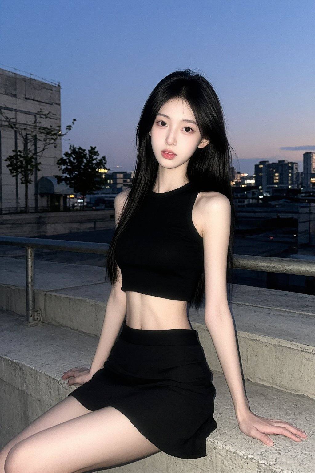This is a high-resolution photograph featuring a young East Asian woman with fair skin and long, straight black hair. She has a slender physique and wears a black sleeveless crop top that exposes her midriff and a matching black skirt. Her expression is neutral, with slightly parted lips and a direct gaze towards the camera. The background reveals an urban cityscape with a mix of modern buildings and a few scattered trees. The sky is a gradient of deep blue transitioning into a soft orange hue, suggesting either dusk or dawn. The city lights are just beginning to twinkle, adding a soft glow to the scene. The woman is seated on a concrete ledge with a metal railing behind her, suggesting she is on a rooftop or balcony. The image captures a serene, contemplative moment, with the subject's relaxed posture and the tranquil cityscape blending harmoniously.