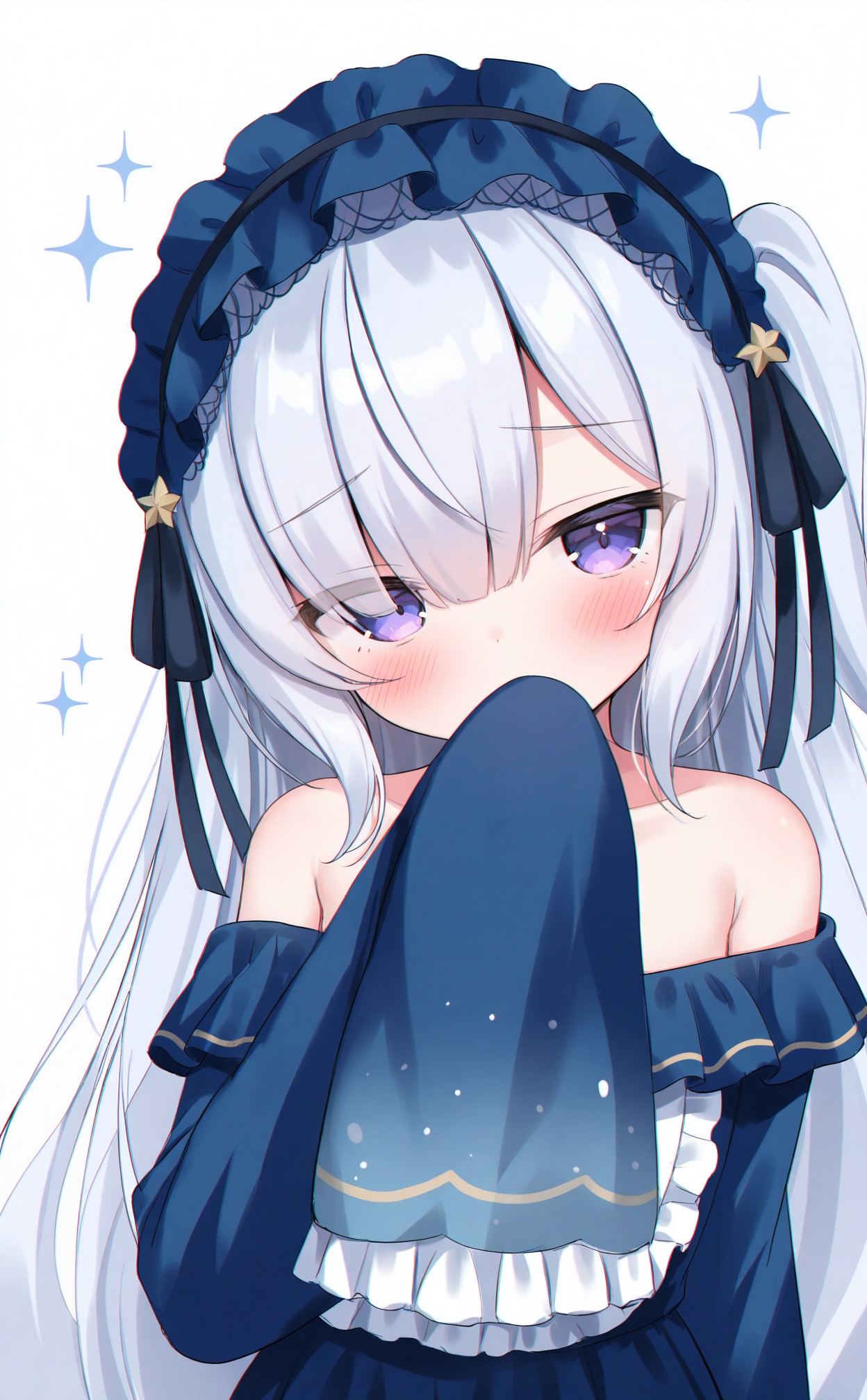 masterpiece,absurdres,best quality,loli,petite,high quality,chromatic_aberration,//,natsume_an-an, 1girl, virtual_youtuber, solo, purple_eyes, long_hair, sleeves_past_wrists, sleeves_past_fingers, dress, covering_own_mouth, sparkle, hairband, white_background, lolita_hairband, blush, grey_hair, blue_dress, upper_body, looking_at_viewer, frills, hair_over_one_eye, off_shoulder, bare_shoulders, long_sleeves, off-shoulder_dress, lolita_fashion, simple_background, frilled_hairband, hand_over_own_mouth//,//,<lora:natsume_an-an——【noob】hans:0.5>,<lora:guizhencao2——【noob】hans:0.5>,