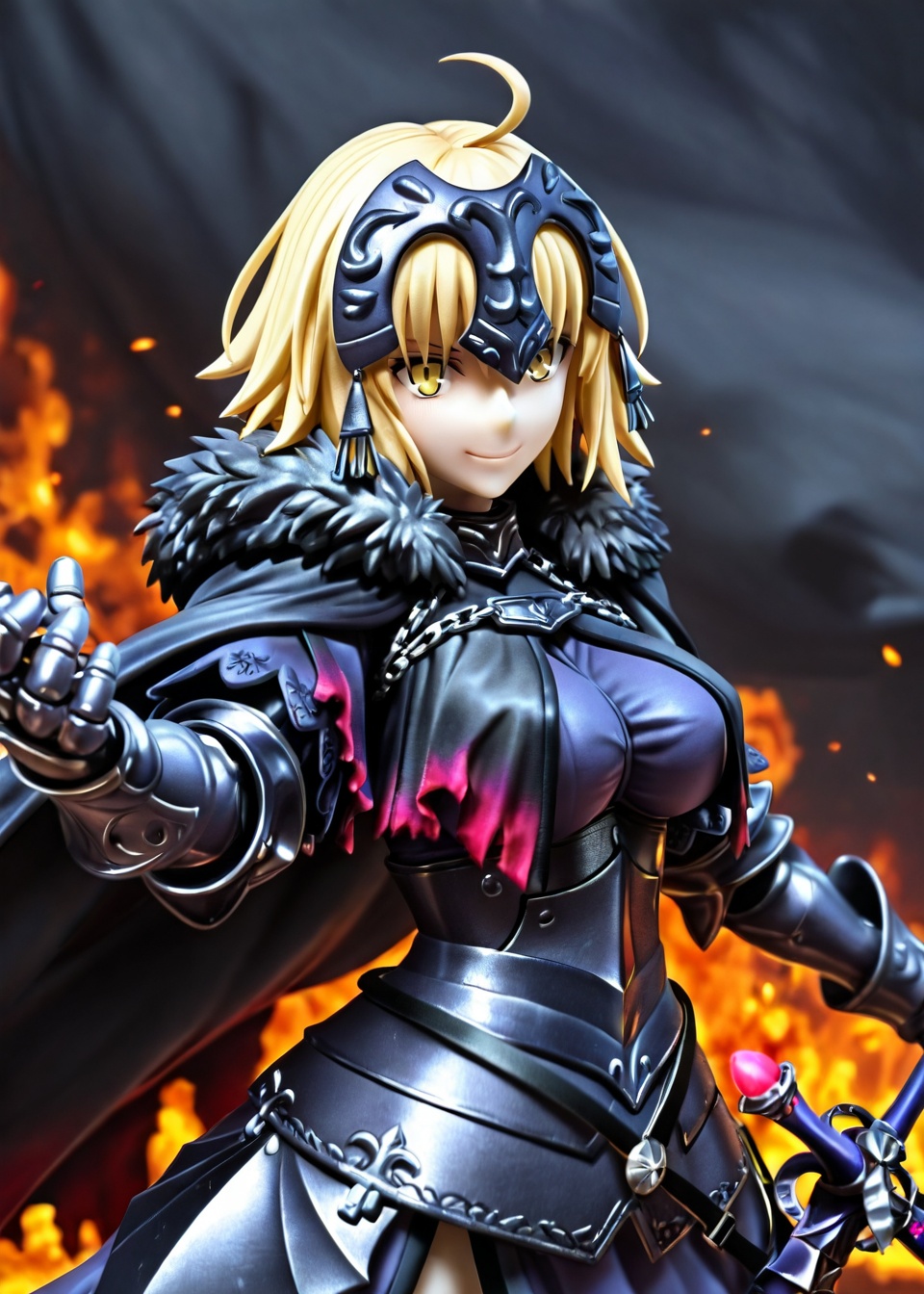 1girl, jeanne d'arc alter \(fate\), solo, jeanne d'arc alter \(avenger\) \(fate\), yellow eyes, armor, weapon, headpiece, short hair, looking at viewer, sword, gauntlets, armored dress, blonde hair, cape, holding, smile, fur trim, holding weapon, ahoge, breasts, holding sword, fur-trimmed cape, chain, fire, dress