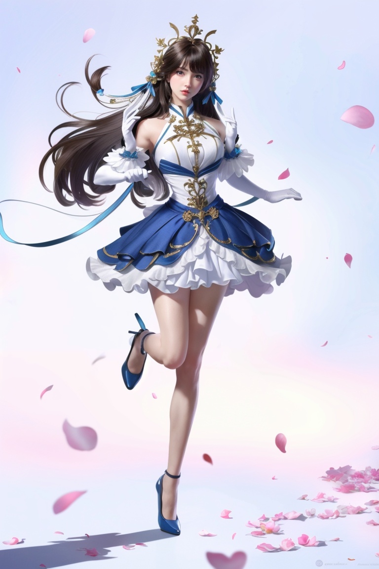 ((HRD, HUD, 8K)),((masterpiece, best quality)), highly detailed,1girl, long hair, dress, solo, gloves, petals, full body, hair ornament, blue dress, single glove, black hair, white gloves, very long hair, bare shoulders, high heels, brown hair, ribbon, <lora:20240315-1710510343817:0.9>