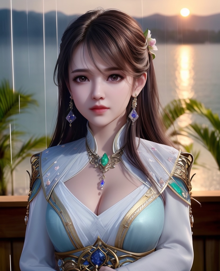 <lora:558-DA-斗罗大陆-王冬:0.8>(,1girl, ,best quality, ),looking at viewer,  ,,ultra detailed 8k cg, ultra detailed background ,ultra realistic 8k cg,          cinematic lighting, cinematic bloom, (( , )),,  , unreal, science fiction,  luxury, jewelry, diamond, pearl, gem, sapphire, ruby, emerald, intricate detail, delicate pattern, charming, alluring, seductive, erotic, enchanting, hair ornament, necklace, earrings, bracelet, armlet,halo,masterpiece, (( , )),, realistic,science fiction,mole,   ,cherry blossoms,,(((Best quality, masterpiece, ultra high res, (photorealistic:1.4), raw photo, 1girl, ,rain, , sunlight, sunset, qianqiu wanxia,     )))  (cleavage), (),