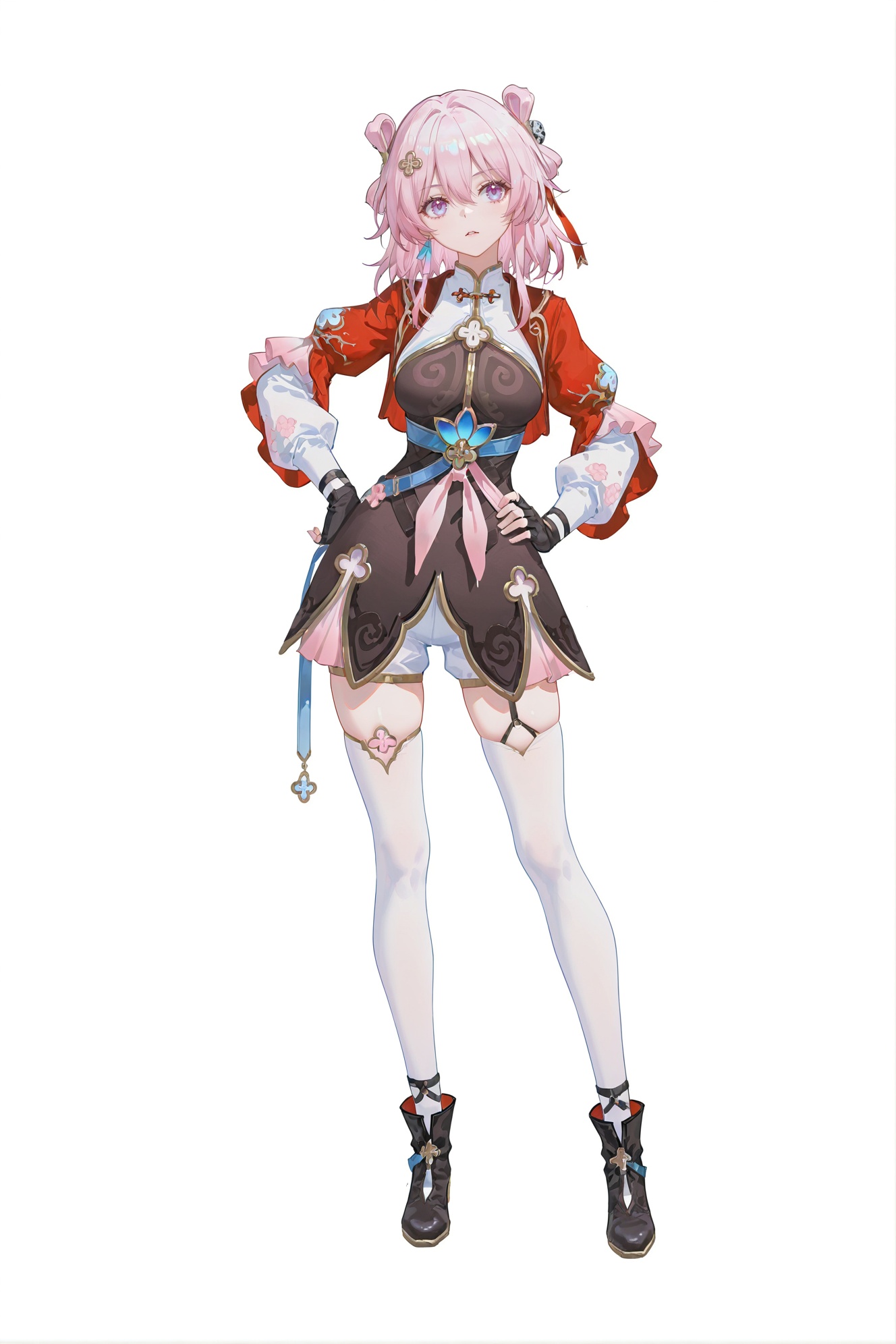 8k,best quality,masterpiece,(ultra-detailed),(high detailed skin),((artist:reoen),(artist:fuzichoco),(artist:atdan),(artist:torino_aqua),year 2024:0.8)1girl,[artist:wlop],[artist:ningen_mame],artist:ciloranko,[[artist:rhasta]],artist:tidsean,colorful,full body,full shot,standing,(solo:1.2),simple background,(white background:1.2),hand on own hip,(white background:1.1),<lora:sanqiall-ill-Tanger-000014:0.8>,March7,March7 \(jianshi\),clothes: jianshi chinese clothes,jianshi red and brown outfit,1girl,fingerless gloves,red jacket,black gloves,hair bun,double bun,breasts,jianshi white thighhighs,black footwear,pink hair,purple eyes,long sleeves,hair ornament,