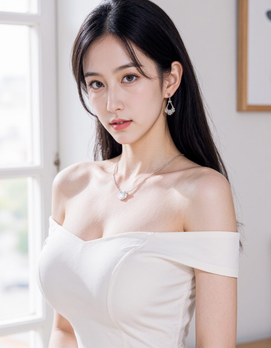 1girl, solo, long hair, dress, jewelry, earrings, white dress, realistic, black hair, breasts, looking at viewer, indoors, photorealistic, upper body, gray eyes, lips, see-through, medium breasts, window, closed mouth, nose, cleavage