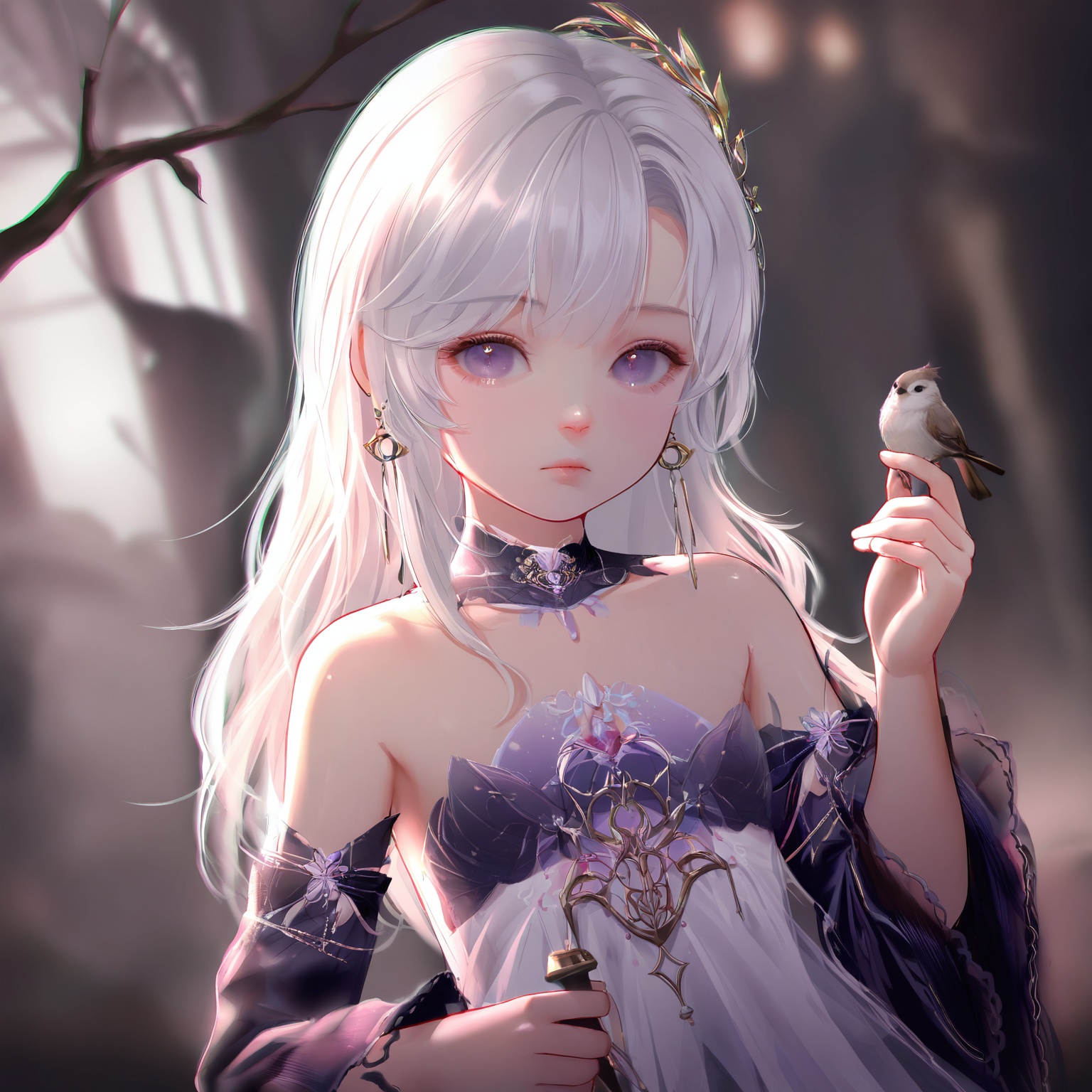 masterpiece,very aware,highres,absurdres,newest,best quality,loli,petite,high quality,chromatic_aberration,cinematic_angle,dutch angle,//,loli,1girl,solo,long hair,upper body,white hair,hair ornament,expressionless,looking at viewer,purple eyes,closed mouth,bare shoulders,dress,holding,branch,bird,jewelry,blurry background,blurry,earrings,detached sleeves,//,official art,depth of field,detailed light,blurry background,best shadow,shiny skin,cinematic lighting,ray tracing,amazing quality,very aesthetic,absurdres,beast quality,ultra detailed,newest,8K,HDR,//,<lora:touxiang——【noob】hans:0.8>,