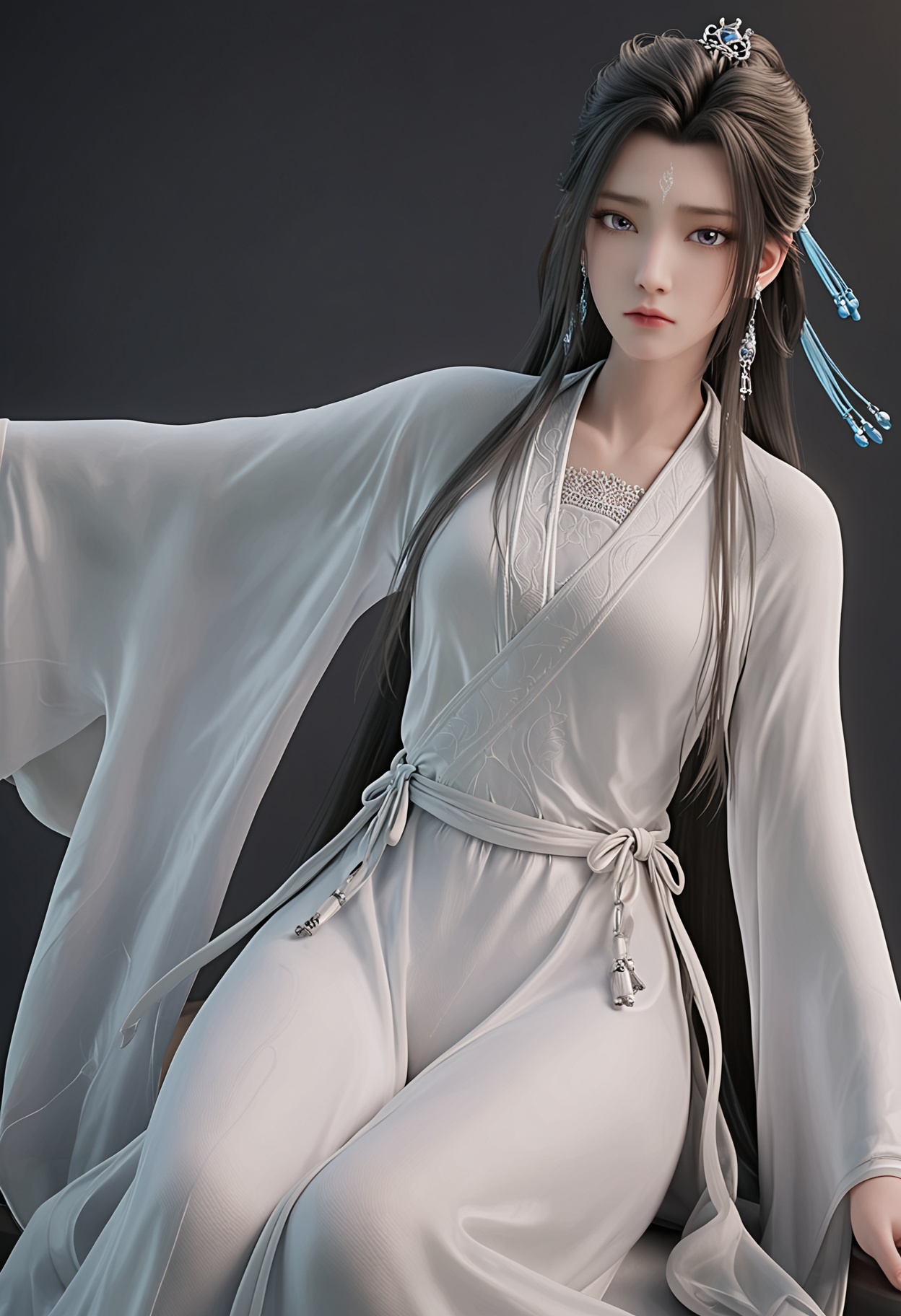 (upper_body:1.2),(looking at viewer:1.1),facing viewer,direct gaze,<lora:YQ_pony_luxueqi_fuzhuang4_V4:0.8>,1girl,solo,long hair,jewelry,black hair,earrings,forehead mark,brown hair,dress,hair ornament,chinese clothes,long sleeves,hair bun,white dress,wide sleeves,hanfu,shoes,half updo,purple eyes,robe,white robe,BREAK (white skin:1.1),(fair skin:1.1),(Ivory skin:1.1),(shiny skin),perfect anatomy,(simple background,pure black background,black background:1.1),