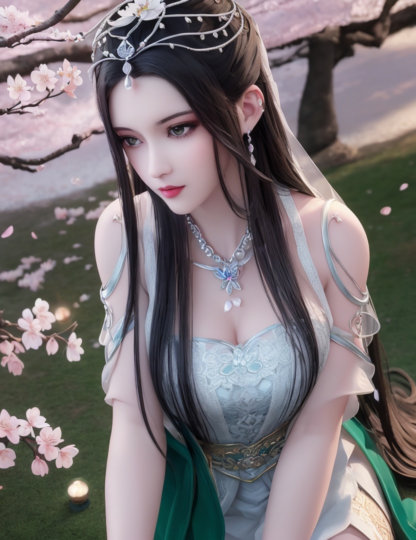 ultra realistic 8k cg, picture-perfect face, flawless, clean, masterpiece, professional artwork, famous artwork, cinematic lighting, cinematic bloom, perfect face, beautiful face, fantasy, dreamlike, unreal, science fiction,   lace, lace trim, lace-trimmed legwear,  (rich:1.4), prestige, luxury, jewelry, diamond, gold, pearl, gem, sapphire, ruby, emerald, intricate detail, delicate pattern, charming, alluring, seductive, erotic, enchanting, hair ornament, necklace, earrings, bracelet, armlet,halo((,1girl, pov,))  , ((((1girl, solo, ,cherry blossoms,outdoors, ))))<lora:DA_LinQingZhu:0.7>
