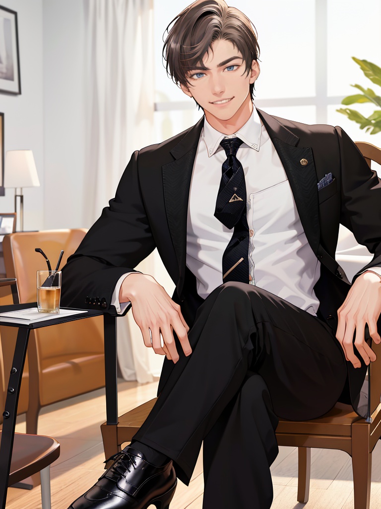 <lora:Artem_Wing:1>,Artem Wing,1boy,necktie,male focus,solo,sitting,jacket,shirt,white shirt,looking at viewer,pants,polo shirt,black pants,black jacket,black necktie,black footwear,formal,teeth,long sleeves,shadow,shoes,chair,smile,, masterpiece,best quality