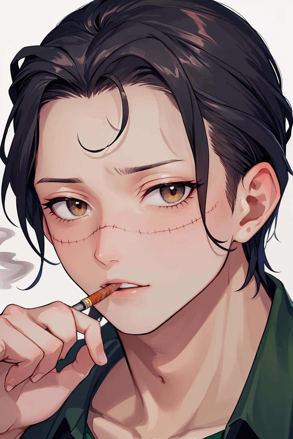 masterpiece,best quality, highly detailed, crocodile (one piece), 1boy, cigarette, holding, male focus, smoking, solo focus, stitched face, shirt, looking at viewer, scar on cheek, hair slicked back,<lora:crocodile_(one_piece):1>