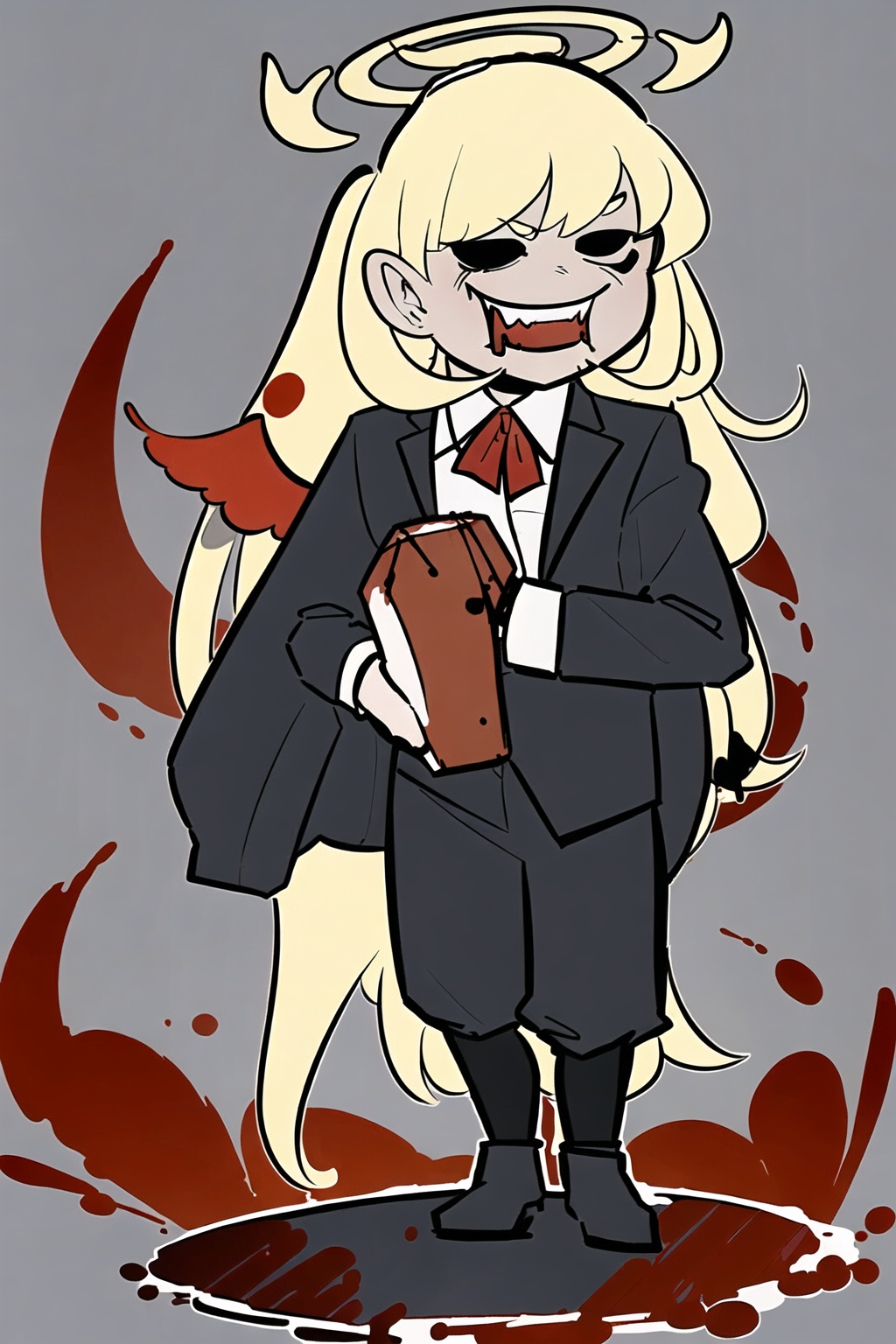 1girl,wsdxj,solo,ojousama,(age regression:1.1),cuteg,(narrow one's eyes:1.1),red headband,red bowtie,(blood angel halo:1.1),bewitching/bizarre/sinister appearance,guihuo inferno,evil atmosphere,full body,(deliberately make people laugh:1.2),
