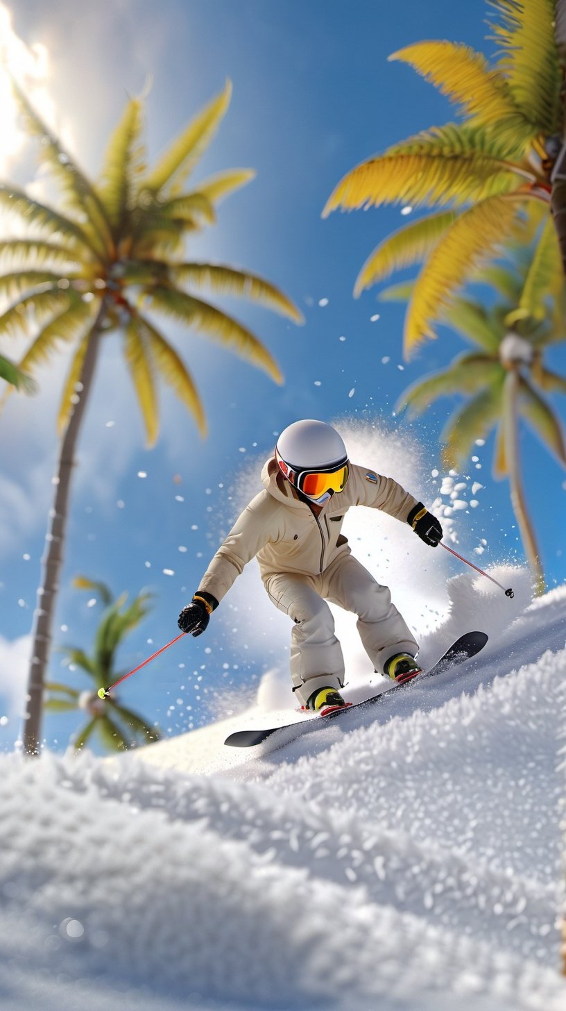 <lora:鼻涕泡_微缩王国_V1.0:0.9>,highly detailed,ultra-high resolutions,32K UHD,best quality,masterpiece,tao,chi,tree,outdoors,palm tree,sky,blurry,day,cloud,snow,A snowboarder in a white outfit and helmet is skiing down a snowy slope surrounded by palm trees under a sunny sky.,