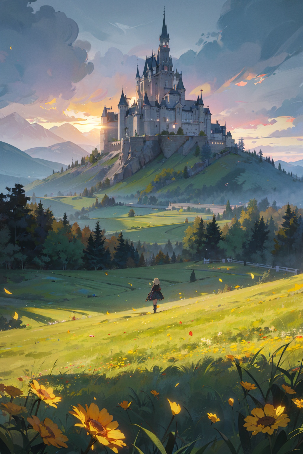 masterpiece,best quality,(ray tracing,cinematic lighting), , flatlands, mountain, castle, grass, 1girl, flower field, petals,