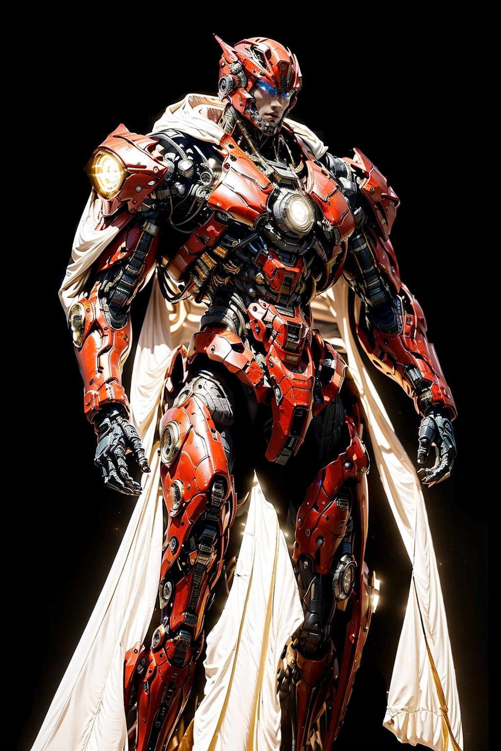 masterpiece,best quality,(highly detailed),boy soldier,Mechanical  cloak,strong,cyborg,(full body:1.3),(bright lighting:1.3),wide angle,(Light  background:1),<lora:hjyrobo5-000010:0.8>,complex body,(red and black),lighting surface,