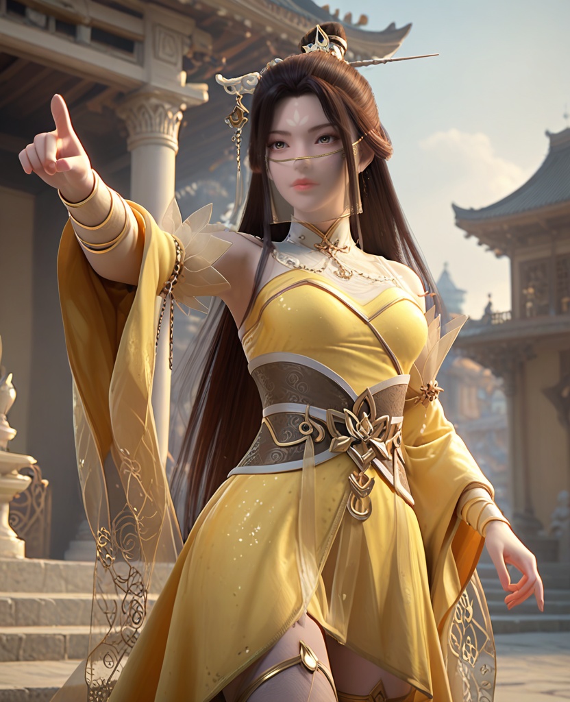 (oriental architecture, elegant decor, sophisticated style:1.1),Standing with one arm raised, pointing in the distance,(breasts:1.2),<lora:XL完美世界凤舞>,miss fengwu,solo,yellow dress,chain ornament,sash,brown eyes,forehead mark,mouth veil,black hair,long hair,hanging hair,hair stick,hair bun,detached sleeves,wide sleeves,wristband,thighhighs,tassel,, zPDXL2, score_9, score_8_up, score_7_up BREAK realistic, masterpiece,best quality, highly detailed,, zPDXL3, zPDXL2,zPDXL, zPDXLxxx, zPDXLrl,