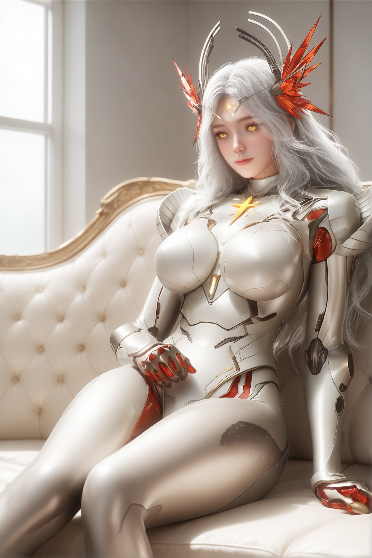 masterpiece,best quality,realistic,cinematic,detail eyes,(ultra-detailed),perfect composition,intricate details,absurdres,detailed face,high quality,high res,8K,,<lora:X_xinghuanwang_IL2.0:0.8>,white hair,yellow eyes,long hair,hair_ornament,forehead mark,facial mark,big breasts,bodysuit,sitting,simple background,cool tone,couch,window,indoor,the white wall,