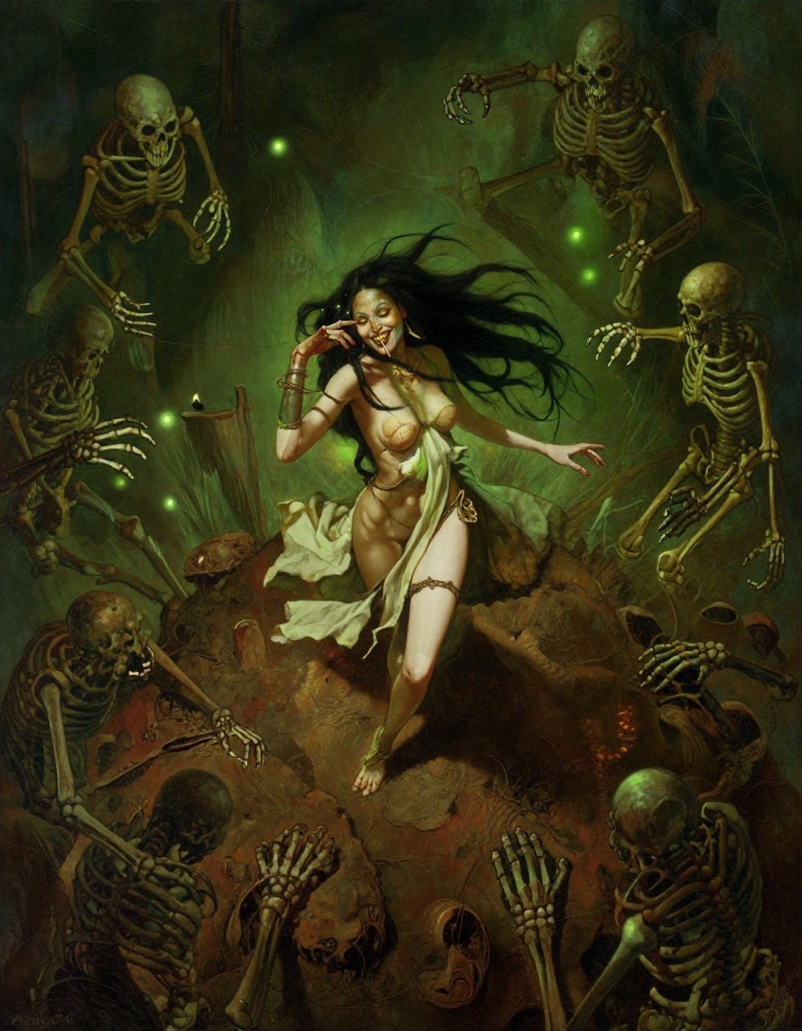 A lithe Golgari mage twirls atop a mound of freshly turned earth,  skeletons rising in a spiral around her. Viewed from a...