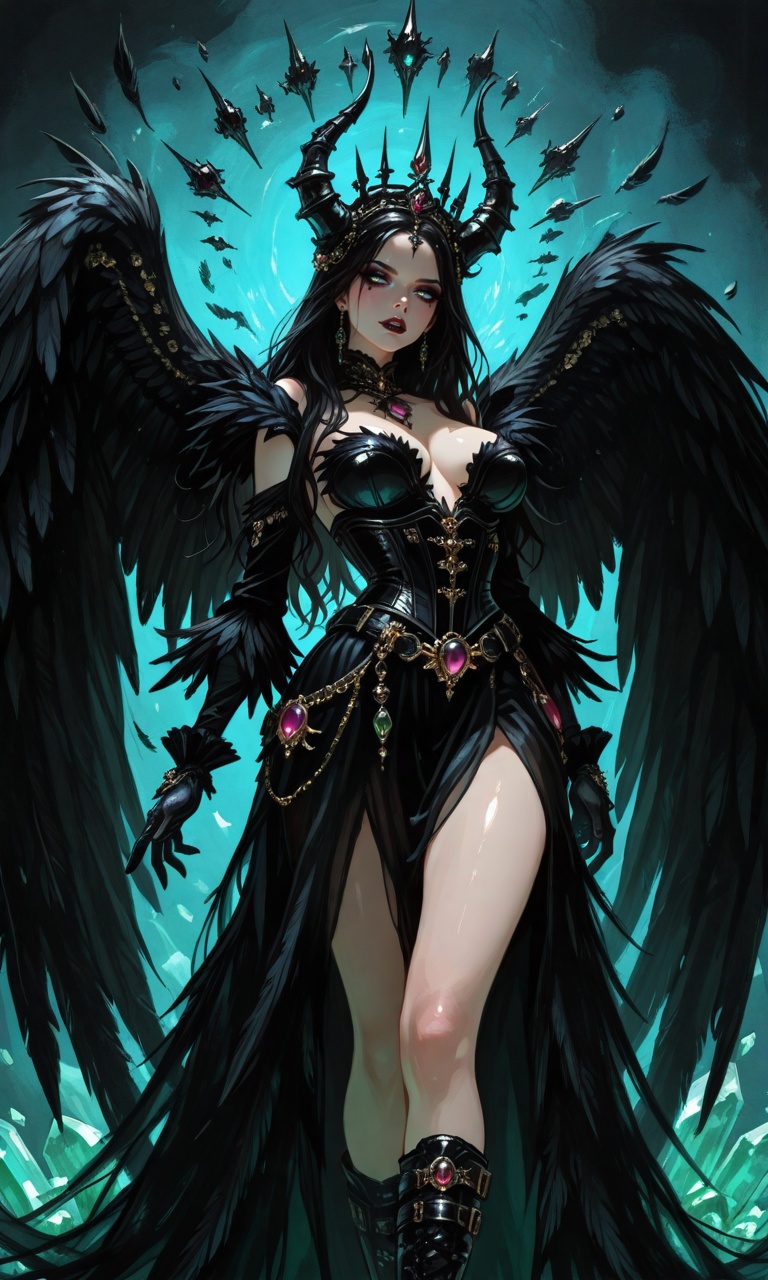 Dark-haired female,  long luxurious raven hair flowing down to the waist,  smoldering gaze on Tensor.Art
