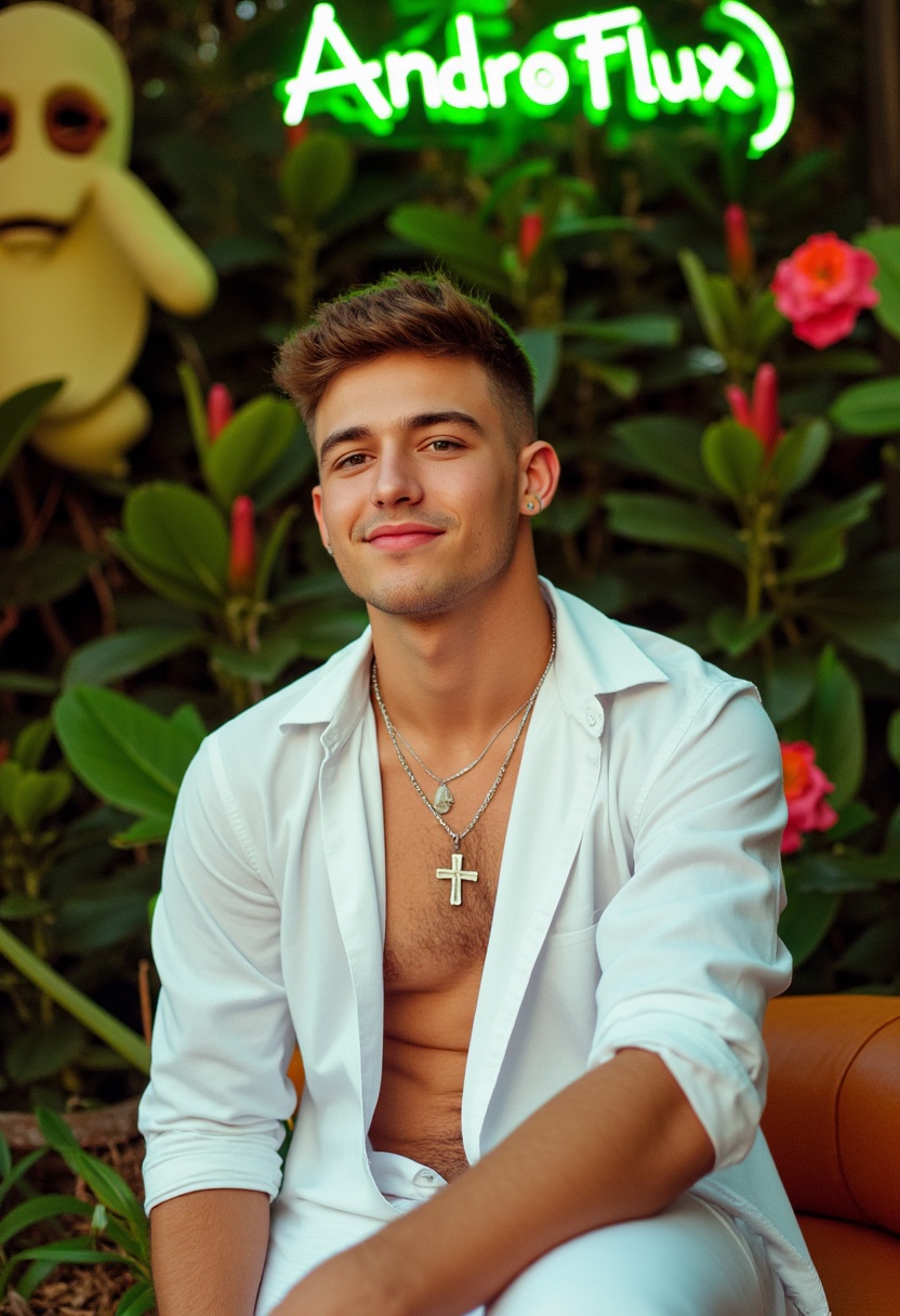 a photograph by Larry Clark of a man in his early twenties with fair skin and styled brown hair,  sitting in a tropical oa...