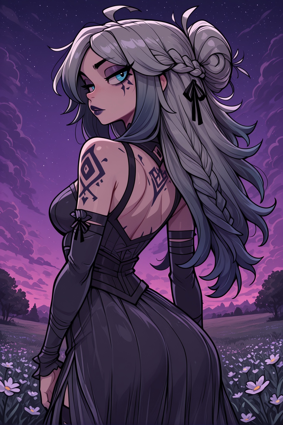 gothcartoonStyle,  As the night sky turns a deep shade of purple,  a stunning woman with long on Tensor.Art