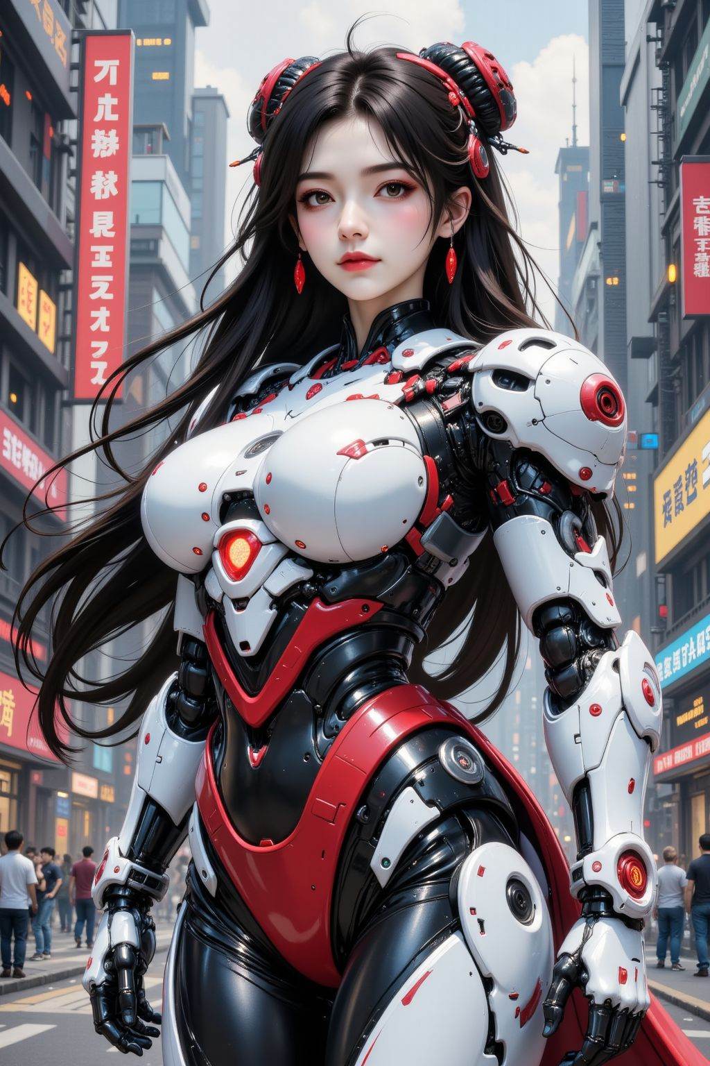 a beautiful girl, solo, brown eyes, black hair, looking at viewer, hanfu, full body, science fiction, long hair, cyberpunk, robot joints, cyberpunk city,