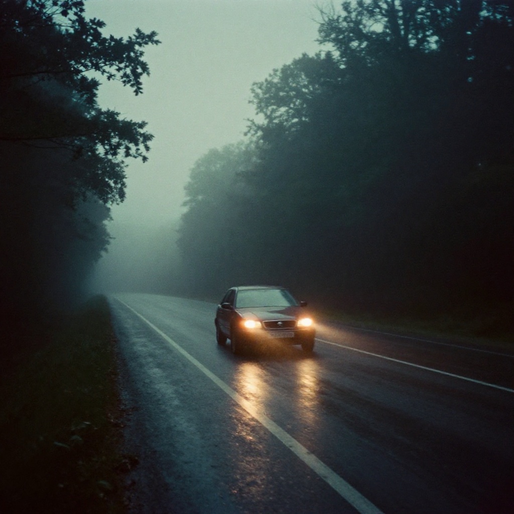 analog film photo of cinematic style,  Kodak Portra 400 analog film stocks of a car driving down a road in the rain,  dark...