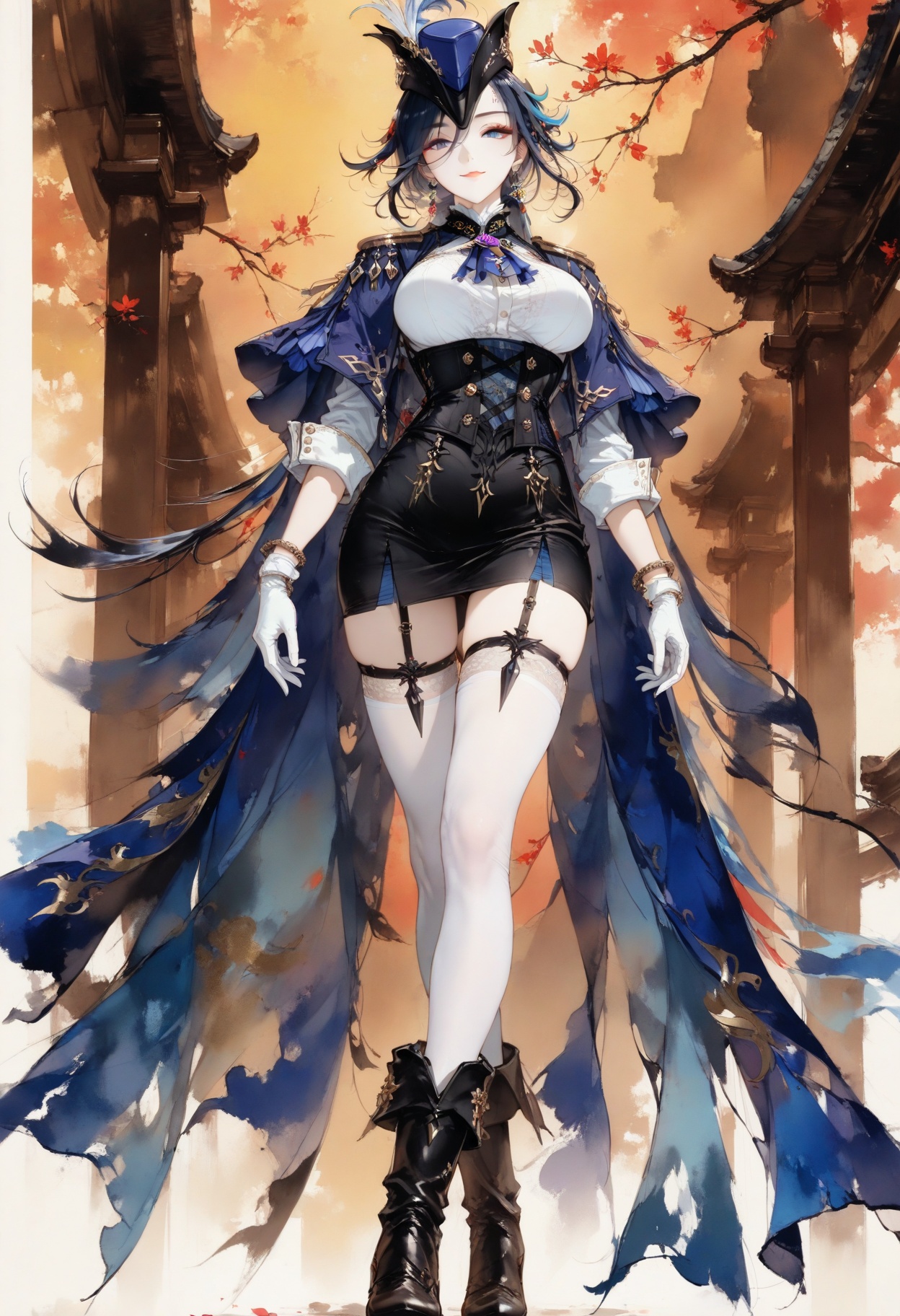 masterpiece,best quality,amazing quality,very aesthetic,sharp focus,high-end texture,(very awa,masterpiece,best quality,year 2024,newest,highres,absurdres),extremely aesthetic,dreamy atmosphere,dramatic lighting,clorinde \(genshin impact\),white gloves,tricorne,pencil skirt,ascot,fold-over boots,thigh strap,white shirt,underbust,blue cape,1girl,solo,long hair,hair ornament,eyelashes,(from below:1.1),(full body:1.1),red lips,large breasts,makeup,bracelet,earrings,necklace,seductive smile,dynamic pose,alternate costume,hanfu,chinese clothes,white thighhighs,garter straps,branch,flower,colorink,,,,<lora:colorinkV2.0:0.8>,<lora:wl-illV1-000017:0.65>,<lora:mon_monmon2133:0.4>