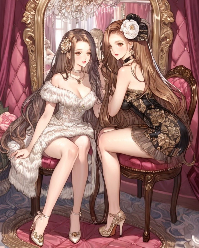 (best quality), ((masterpiece)), (highres), illustration, original, extremely detailed, <lora:NO Name Art:0.7>long hair, hair ornament, flower, multiple girls, 2girls, high heels, hair flower, brown hair, sitting, brown eyes, jewelry, mirror, very long hair, lips, choker, chair, shoes, necklace, parted lips