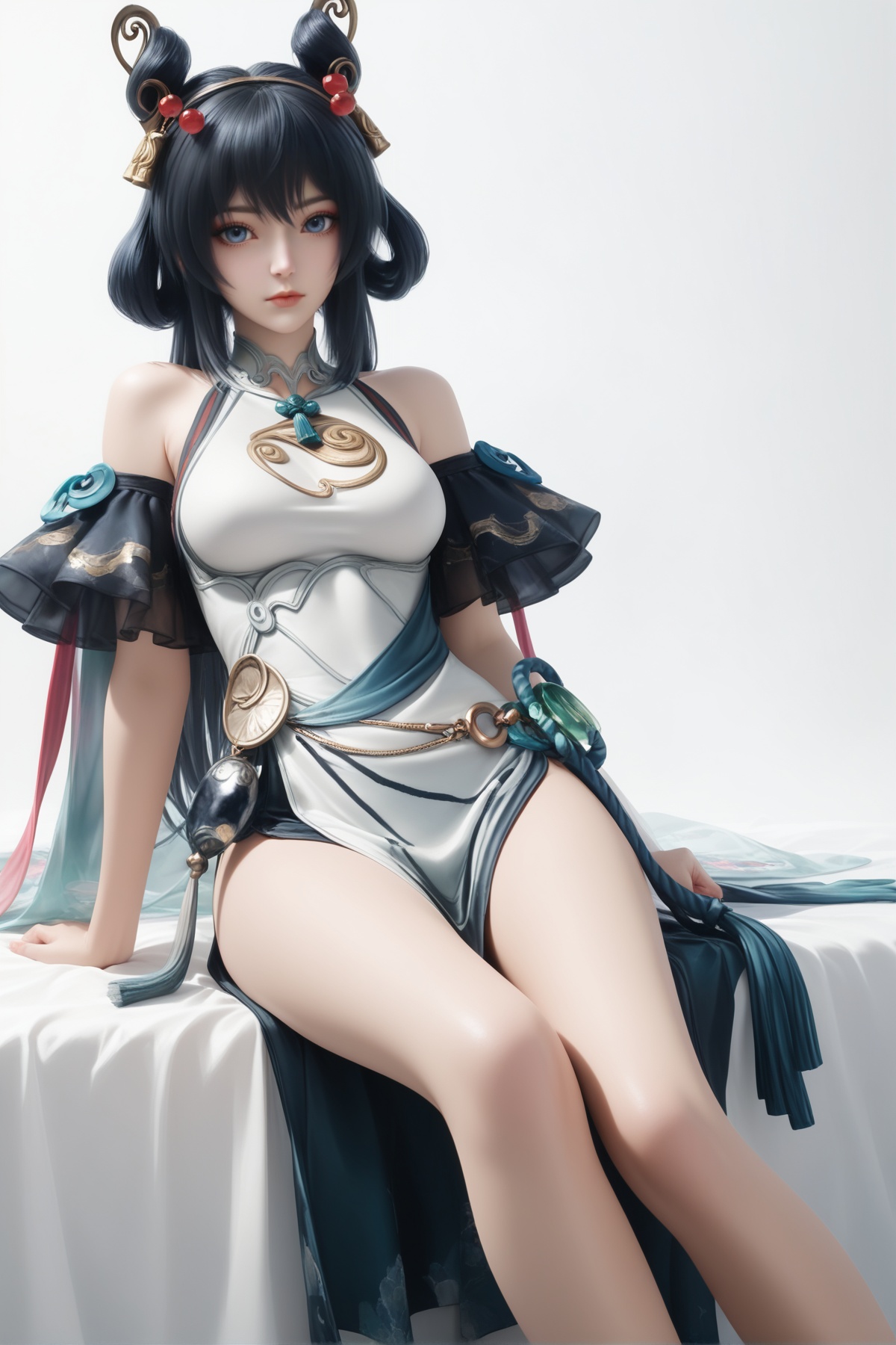 masterpiece,best quality,realistic,cinematic,detail eyes,(ultra-detailed),perfect composition,intricate details,absurdres,detailed face,high quality,high res,8K,<lora:X_gongsunli_lhy_IL3.0:0.8>,black hair,blue eyes,double bun,1girl,long hair,breast,medium breasts,hair_ornament,dress,bare_legs,sitting,simple background,white_background,bed,looking_at_viewer,