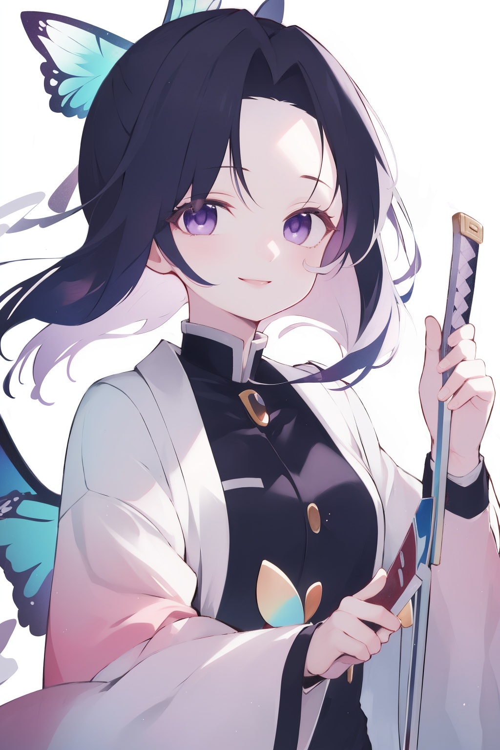 masterpiece,1girl,kochou shinobu,solo,looking at viewer,smile,long sleeves,closed mouth,upper body,holding weapon,artbook,<lora:lbc_hudieren240323_v1.0>,