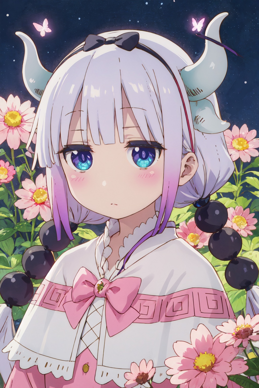 <lora:Kanna-000015:0.9>,kanna cyql,1girl,looking at viewer,solo,dragon girl,long hair,purple hair,blunt bangs,twintails,low twintails,dragon horns,hairband,hair ornament,hair beads,multicolored hair,blue eyes,capelet,dress,black hairband,child,bow,long sleeves,yandere,portrait,Late spring into early summer, hillsides burst with a profusion of blooming flowers, a kaleidoscope of colors, bustling with bees and butterflies,(Moss-covered stones, Moss garden, Spring rain, Zen serenity, Refreshing drizzle, Japanese tranquility:0.5),beautiful detailed sky,beautiful detailed glow,posing in front of a colorful and dynamic background,masterpiece,best quality,beautiful and aesthetic,contrapposto,female focus,wallpaper,
