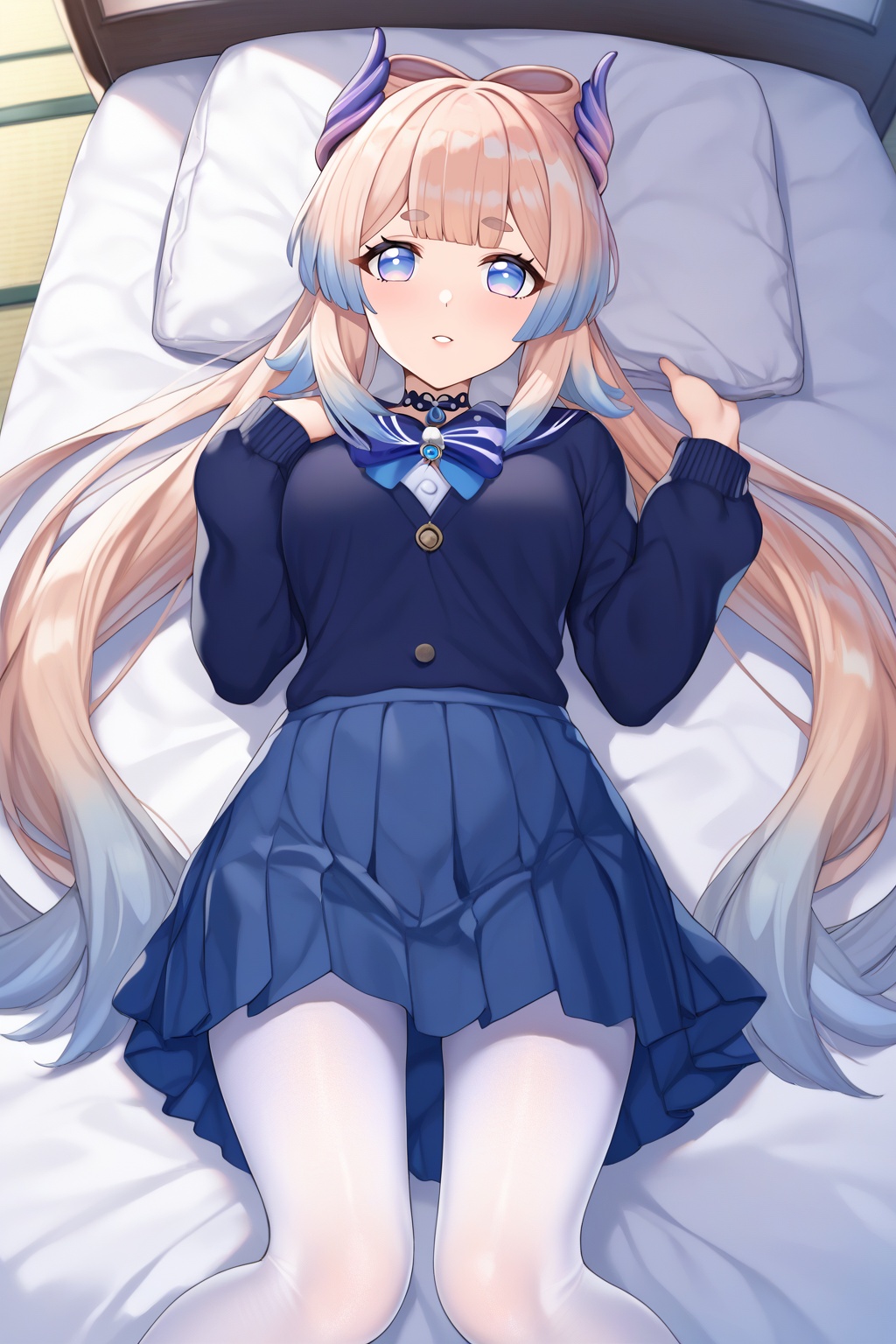 score_9,score_8_up,score_7_up,score_6_up,score_5_up,score_4_up,source_anime,source_cartoon,<lora:Sangonomiya KokomiTuPONYXL-000001:1>,from above,lying,on bed,on back,looking down,looking at viewer,sangonomiya kokomi,hair ornament,white pantyhose,1girl,solo,long hair,school uniform,