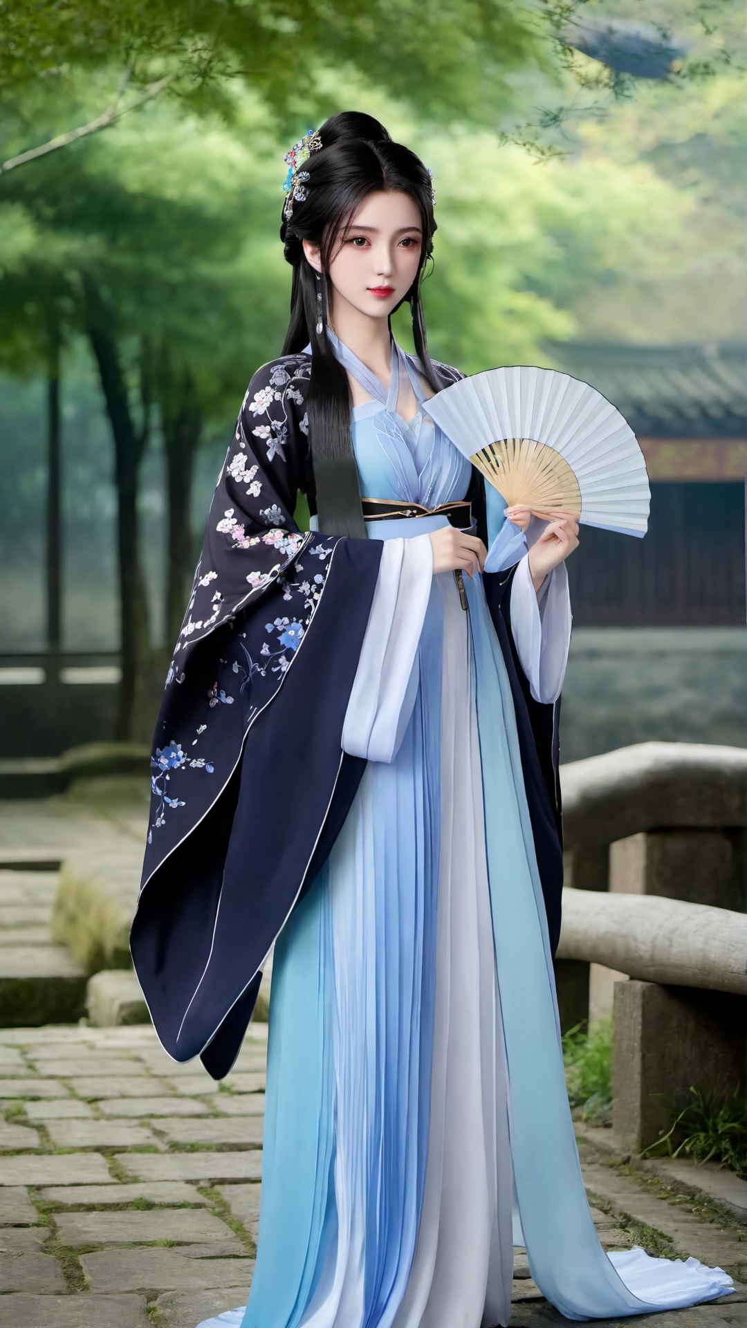 1girl,hand fan,solo,black hair,holding fan,hanfu,holding,chinese clothes,hair ornament,full body,standing,wide sleeves,outdoors,long sleeves,dress,looking at viewer,<lora:仙逆-王林-马良-李慕婉合一:0.73>,