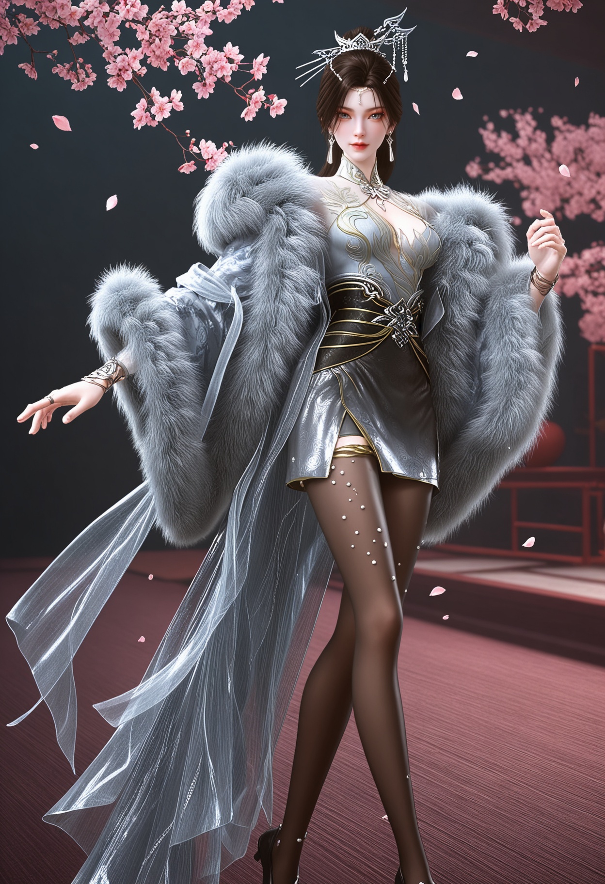 (full_body:1.1),looking at viewer:1.1,masterpiece,(best quality),smog,Dark room,dim lighting,peach blossom,falling petals,<lora:YQ_Illustrious光辉v5_南宫仙儿_V1:0.8>,q1528437228,1girl,solo,jewelry,earrings,long hair,hair ornament,brown hair,dress,black hair,blue eyes,hair bun,bracelet,pantyhose,white dress,chinese clothes,fur coat,long sleeves,fur trim,black pantyhose,single hair bun,black footwear,high heels,shoes,coat,ponytail,short hair,brown pantyhose,grey eyes,hair stick,ring,