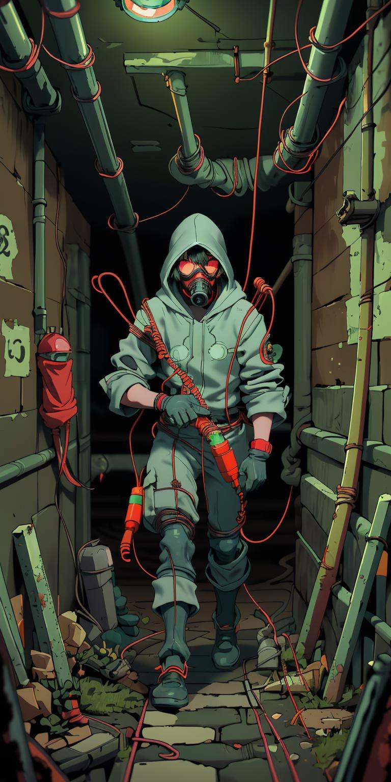 (masterpiece, best quality), 1boy, gas mask, ((goggles)), dark mood, hazard suit, hood up, gloves, dystopia, science fiction, intricate, (sewer, underground), moss, steam, industrial pipe, tubes, ((cable, wire)), geiger counter, fluorescent lamp, <lora:EpiNoiseoffset:1>