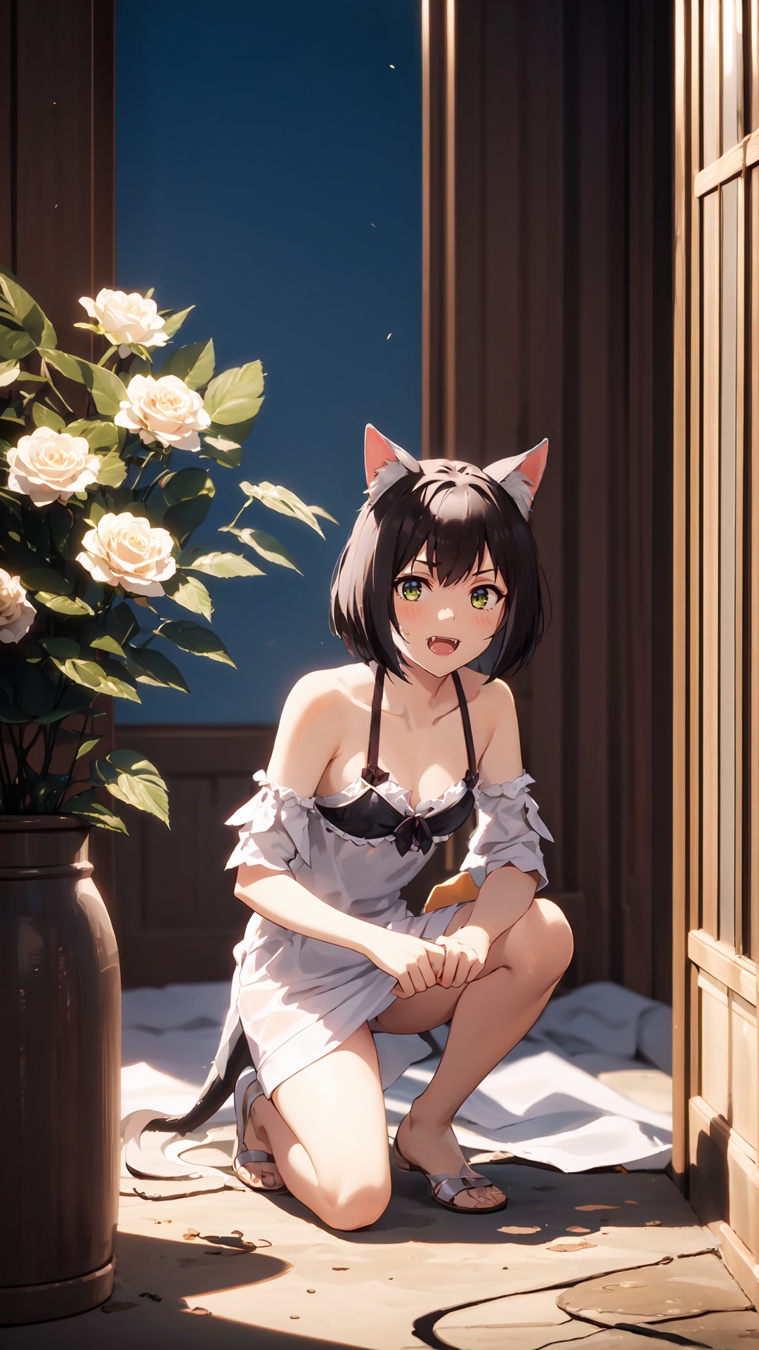 a girl,<lora:jmai_20240612194515-0000010:0.8>,(knee and above appearing on camera:1.2),(fangs:1.2),fake animal ears,solo,indoor all white decoration,milk white theme,indoors,curtains,window,looking at viewer,see-through,white flower,white rose,full body,bouquet,brown hair,butterfly,rose,arm support,black hair,lips,vase,day,bed,HDR,UHD,8K,best quality,(extreme detail description:1.4),