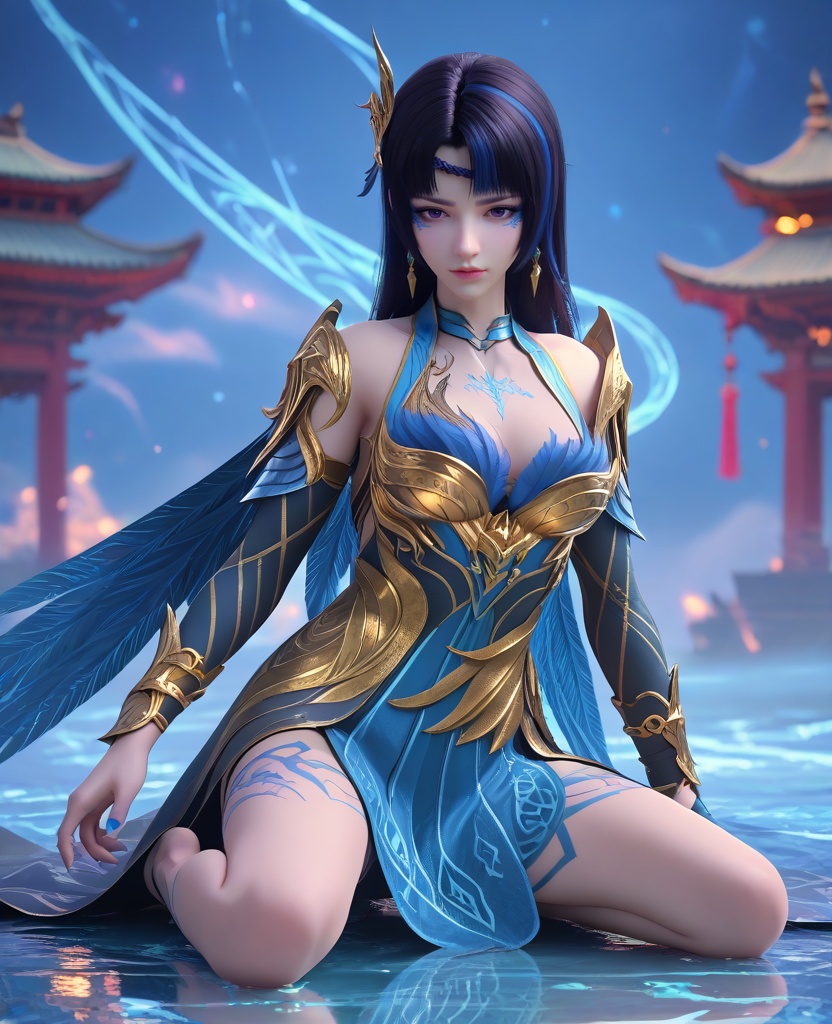 (oriental architecture, elegant decor, sophisticated style:1.1),Kneeling with one hand on the ground, looking like a noble warrior,,(breasts:1.2),<lora:XL16大主宰九幽:0.95>,miss jiuyou,armor,boobplate,purple eyes,braid circlet,makeup,black hair,blue streaked hair,long hair,hair ornament,sternum tattoo,rerebrace,left hand single glove with blue,blue wings cape,blue lower leg decoration, blue overskirt, zPDXL2, score_9, score_8_up, score_7_up BREAK realistic, masterpiece,best quality, highly detailed,, zPDXL3, zPDXL2,zPDXL, zPDXLxxx, zPDXLrl,
